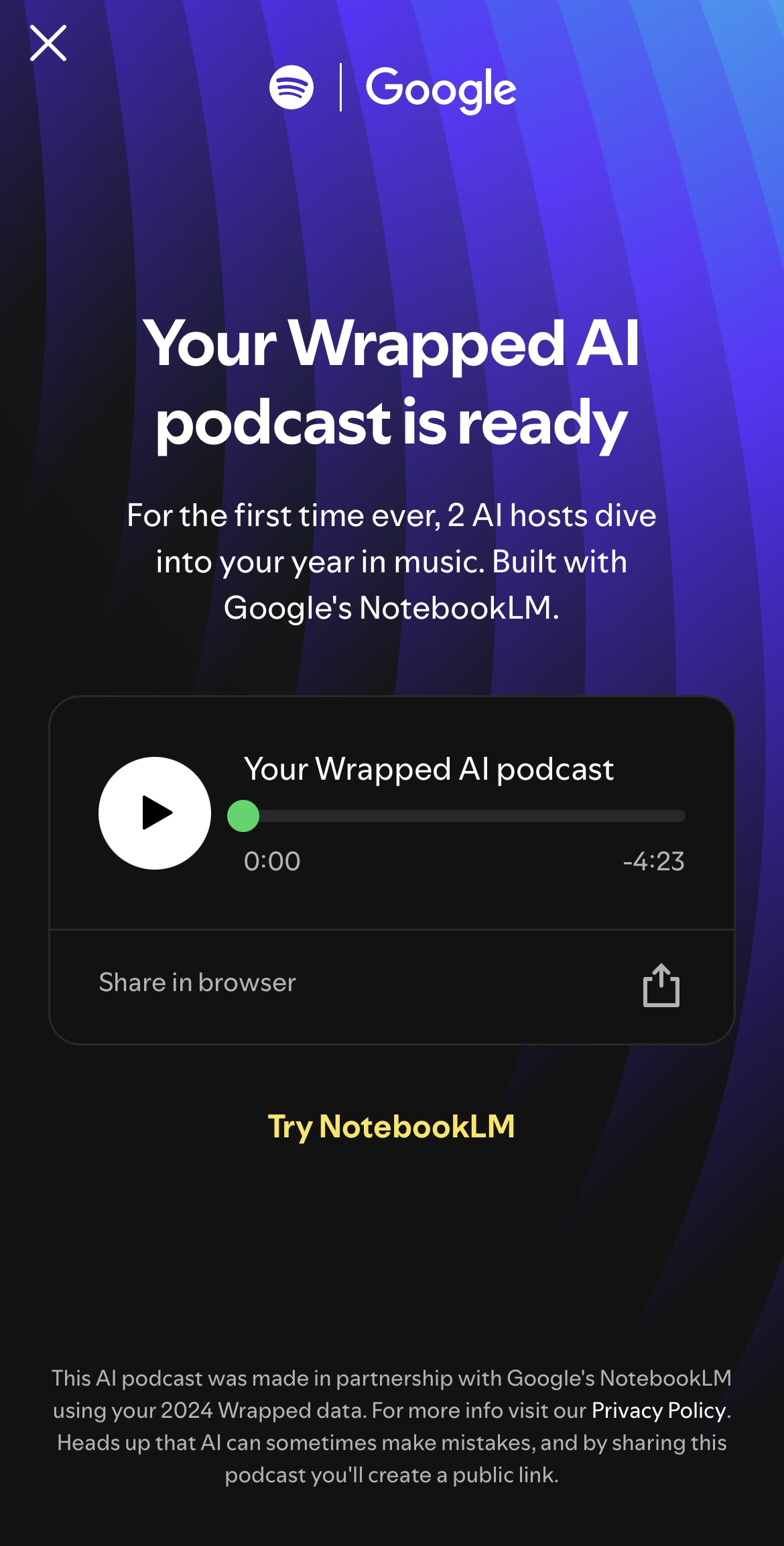 A new feature called 'Your Wrapped AI podcast' in which two voices discuss your year in numbers has dropped.