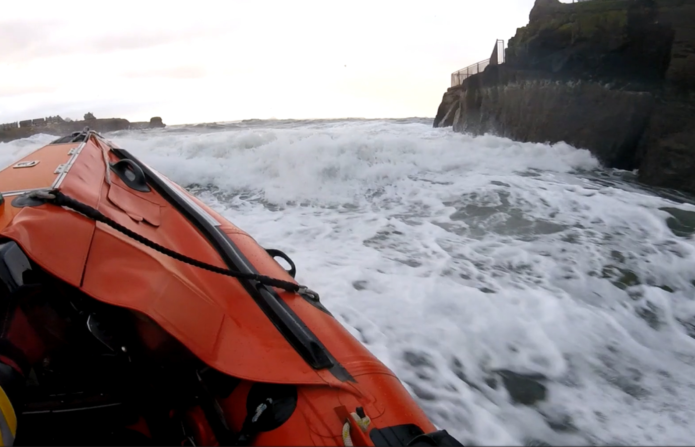 Dunbar RNLI inshore lifeboat launches in high winds.