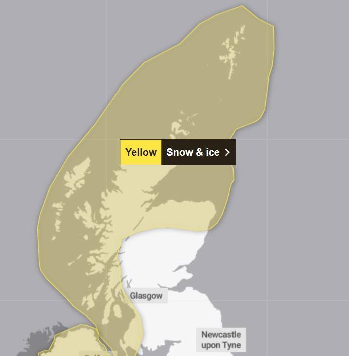 Weather warning for snow and ice covering large parts of Scotland on Wednesday, January 8.