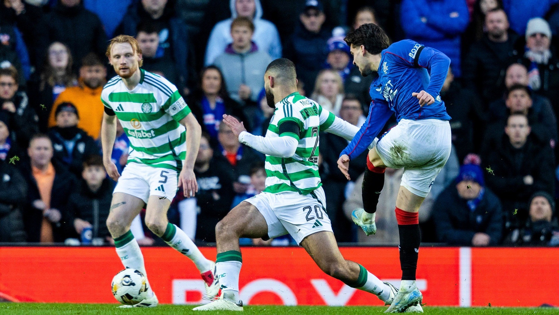 GLASGOW, SCOTLAND - JANUARY 02: Rangers' Ianis Hagi (R) scores to make it 1-0 during a William Hill Premiership match between Rangers and Celtic at Ibrox Stadium, on January 02, 2025, in Glasgow, Scotland.  (Photo by Craig Foy / SNS Group)