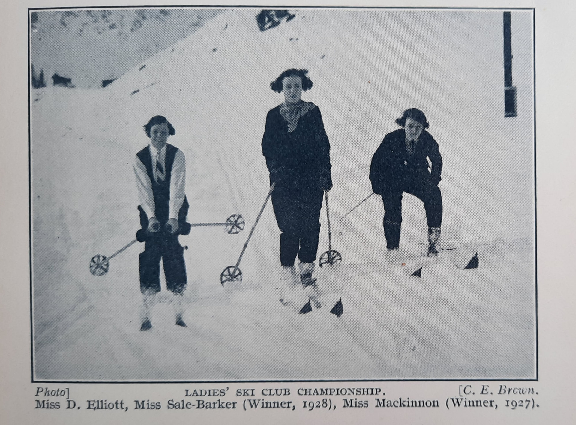 A 1928 photograph of Ms Sale-Barke (centre), with fellow skiers, identified only as Miss D Elliott