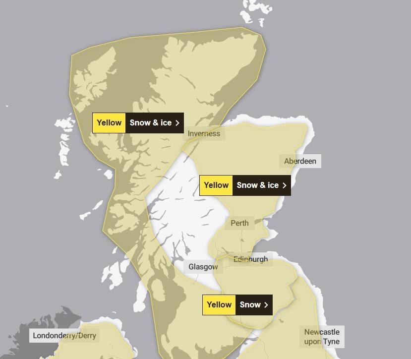 A Met Office weather warning for snow and ice is in force across most of Scotland.