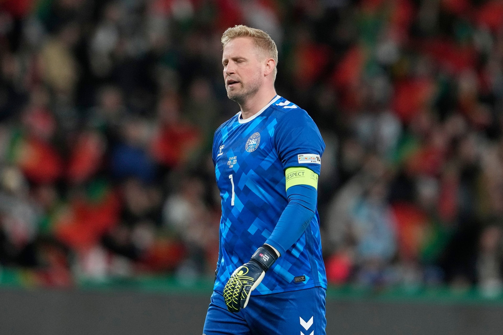 Denmark goalkeeper Kasper Schmeichel suffered a shoulder injury during Sunday’s defeat to Portugal (Armando Franca/AP) 