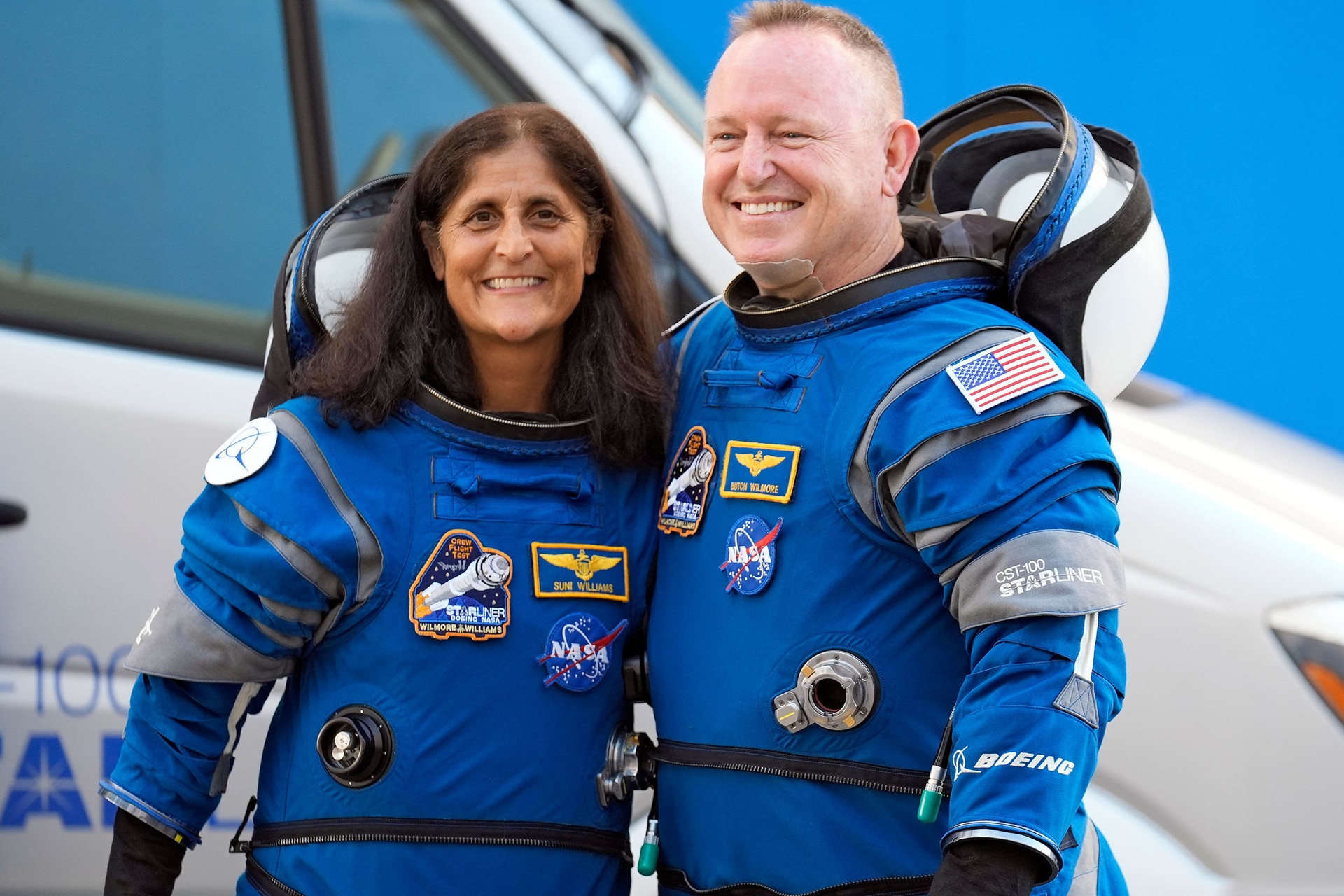 Nasa astronauts Suni Williams, left, and Butch Wilmore en route to the launch pad in |une 2024 (Chris O’Meara/AP).