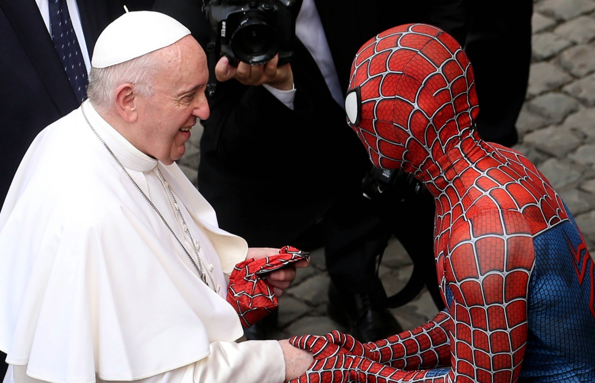 June 23, 2021: Pope Francis greets Mattia Villardita, a young man in the Spider-Man costume who makes children smile in the pediatric wards of hospitals.