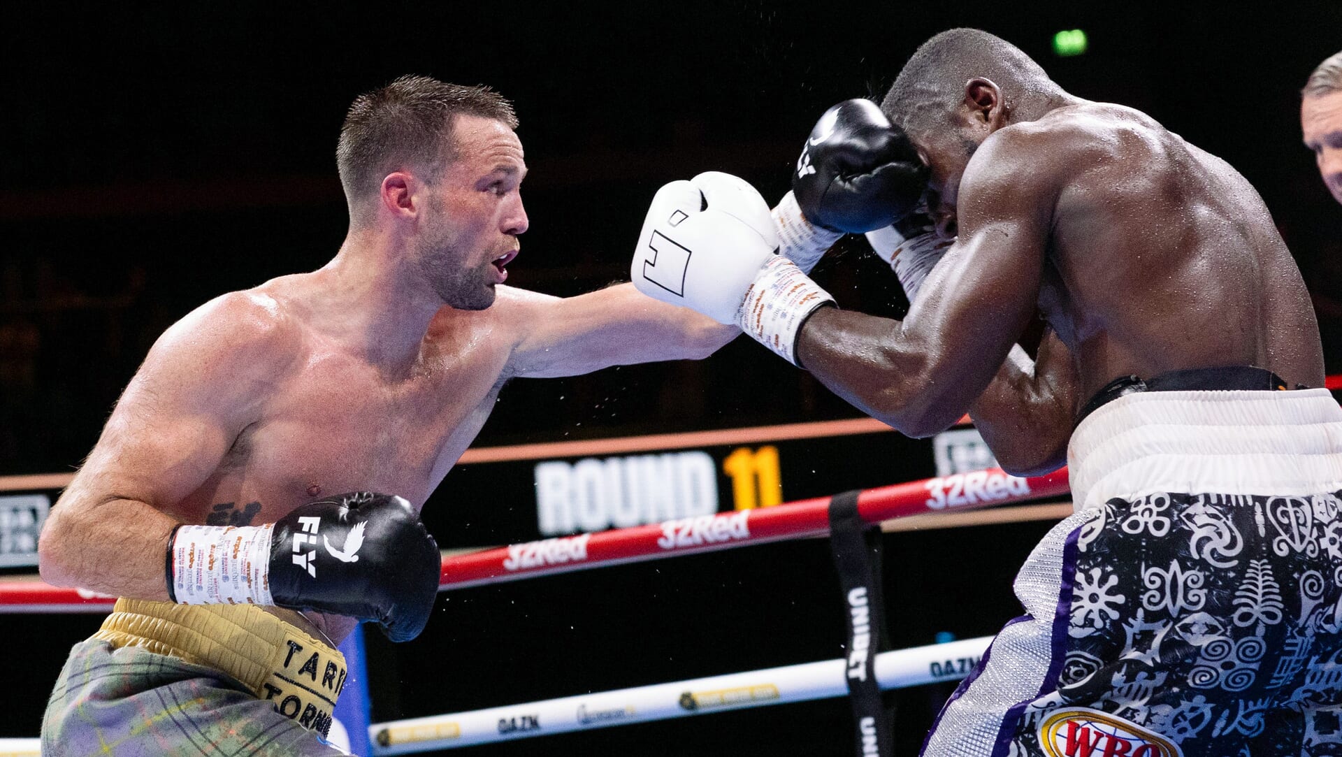 GLASGOW, SCOTLAND - MAY 24: Josh Taylor (L) throws a left hand during his WBO Global Welterweight Championship fight with Ekow Essuman at the OVO Hydro, on May 24, 2025, in Glasgow, Scotland. (Photo by Mark Scates / SNS Group)