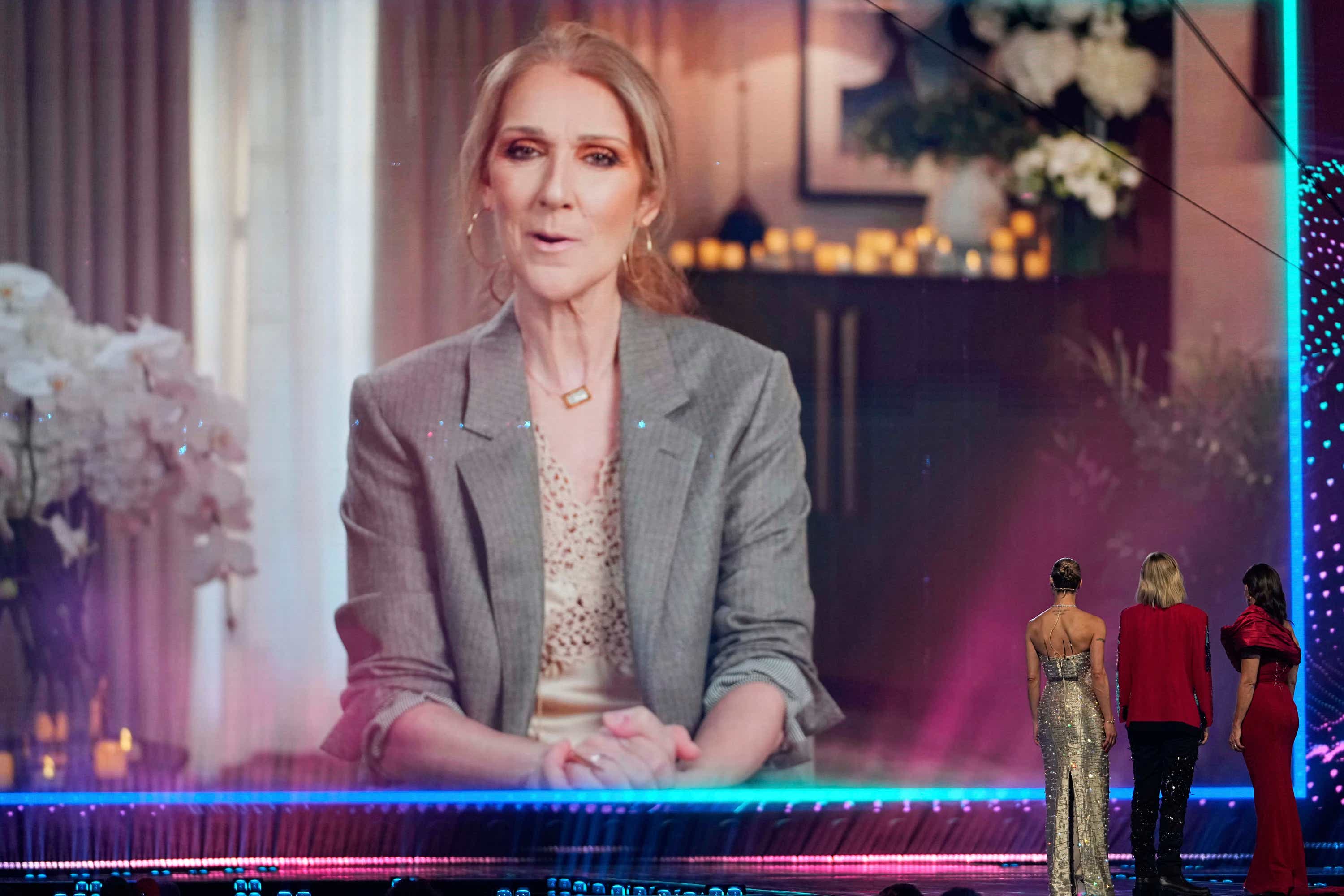 Celine Dion speaks during a pre-recorded video message during the dress rehearsal for Tuesday’s semi-final.