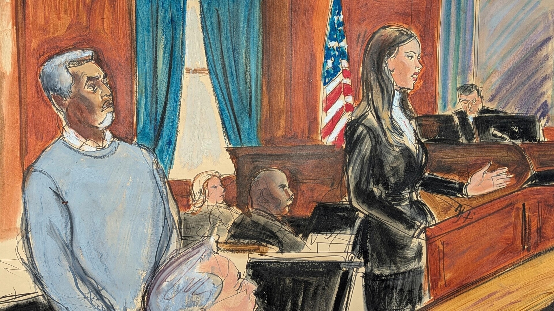 Sean Diddy Combs, left, stands as his defence lawyer, Teny Geragos, gives her opening statement to the jury on the first day of the trial