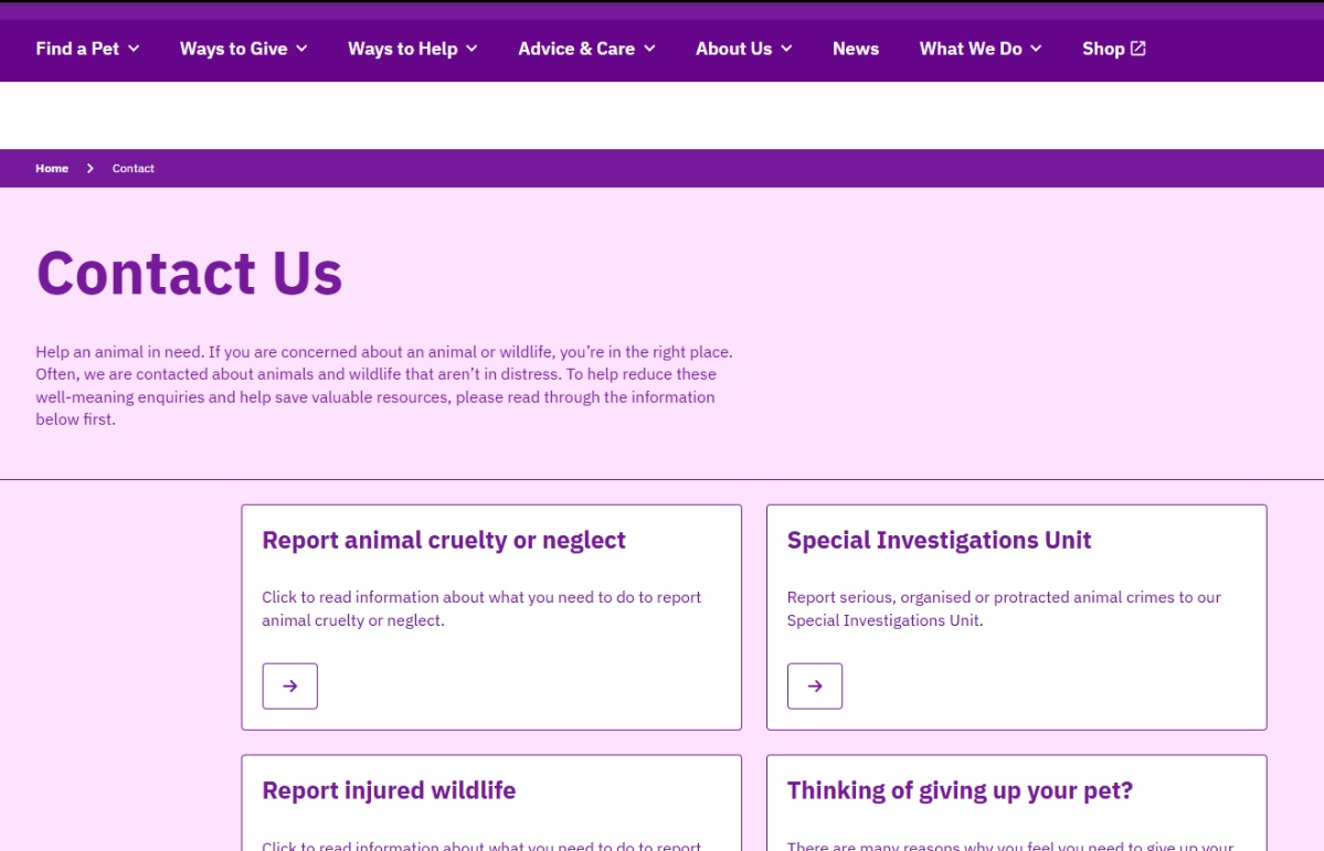 SSPCA contact page in March 2025.