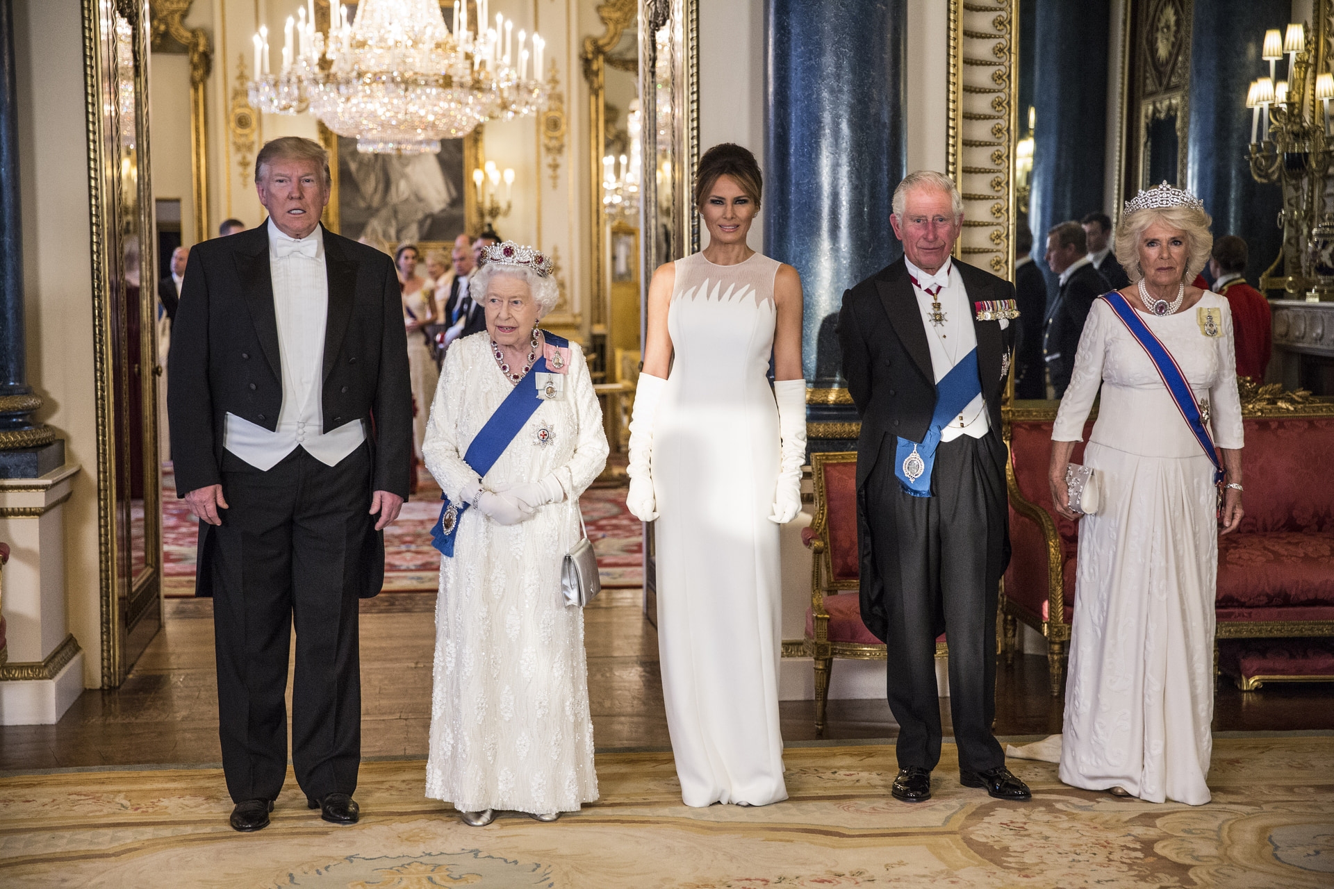 President Donald Trump, with Queen Elizabeth II, First Lady Melania Trump, Prince Charles, then-Prince of Wales and Camilla, then-Duchess of Cornwall attend a State Banquet at Buckingham Palace during his last state visit on June 3, 2019.
