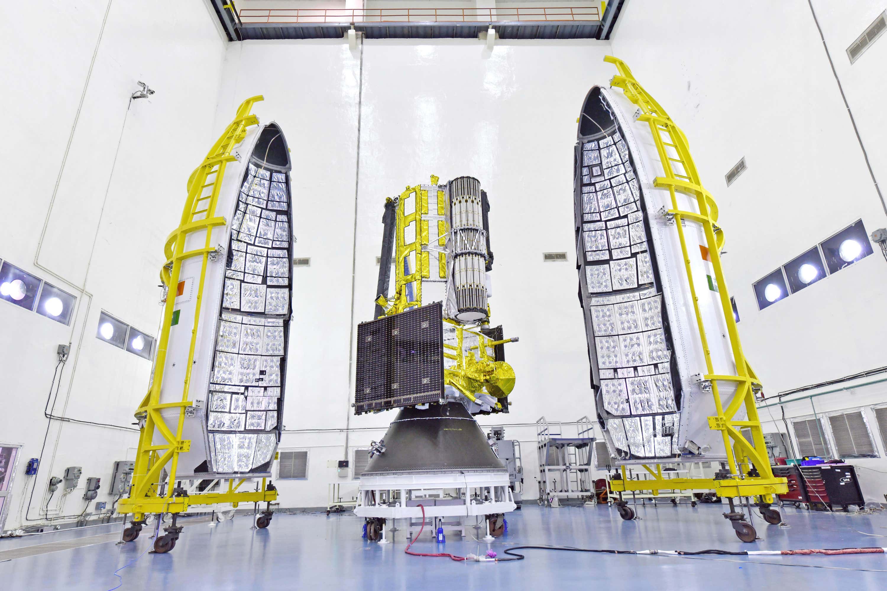 The Nisar satellite at the Indian Space Research Organisation’s Satish Dhawan Space Centre (Indian Space Research Organisation/Nasa/AP)