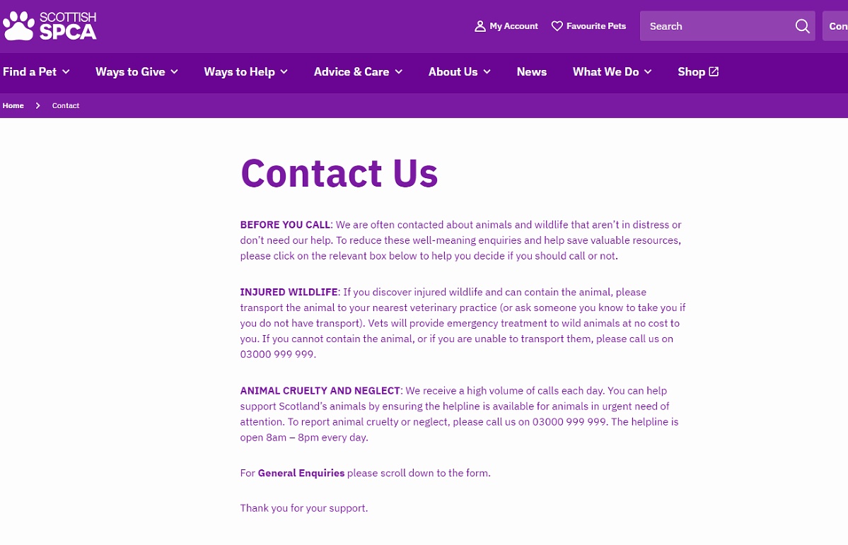 SSPCA contact page in July 2025.
