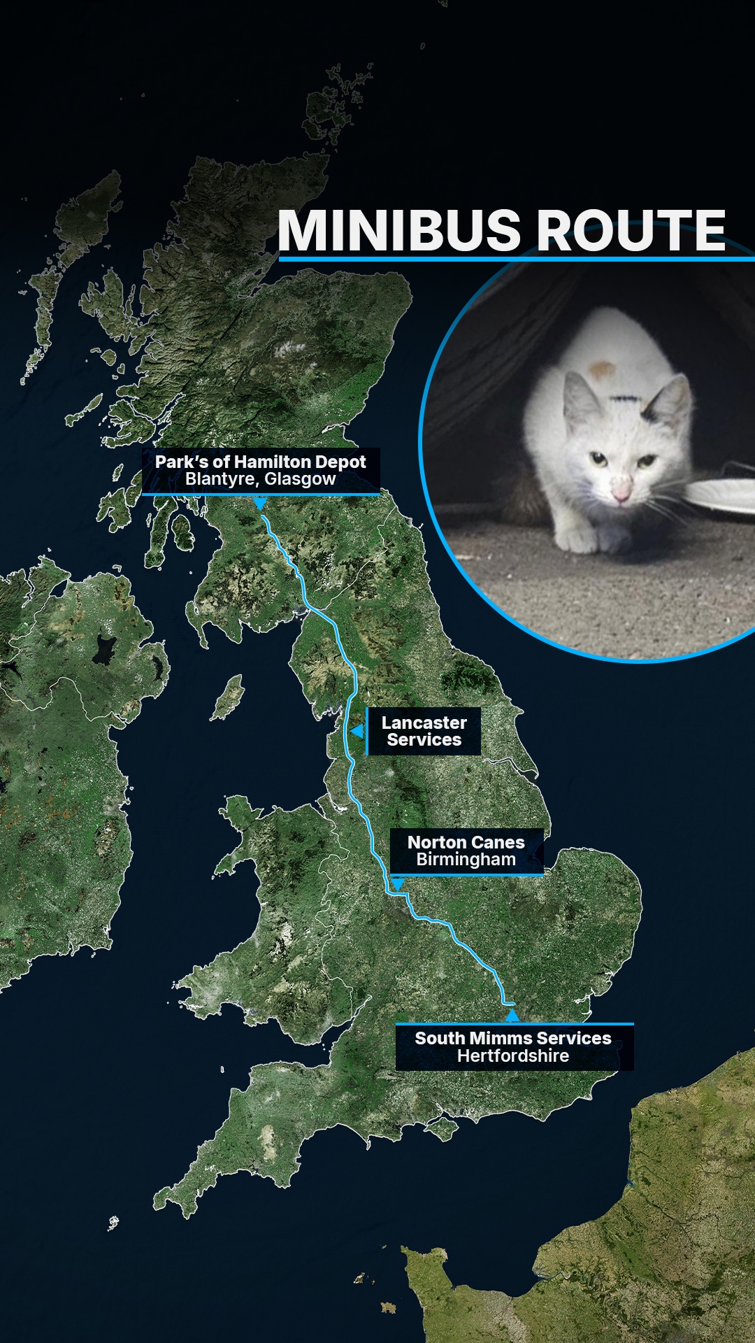 The bus had travelled around 410 miles from South Mimms services in Hertfordshire, stopping at Norton Canes and Lancaster services, to the Park's of Hamilton Depot outside of Glasgow.