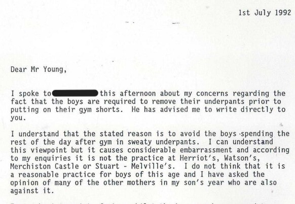 Letter of complaint to Edinburgh Academy, written by mother of a pupil in 1992 