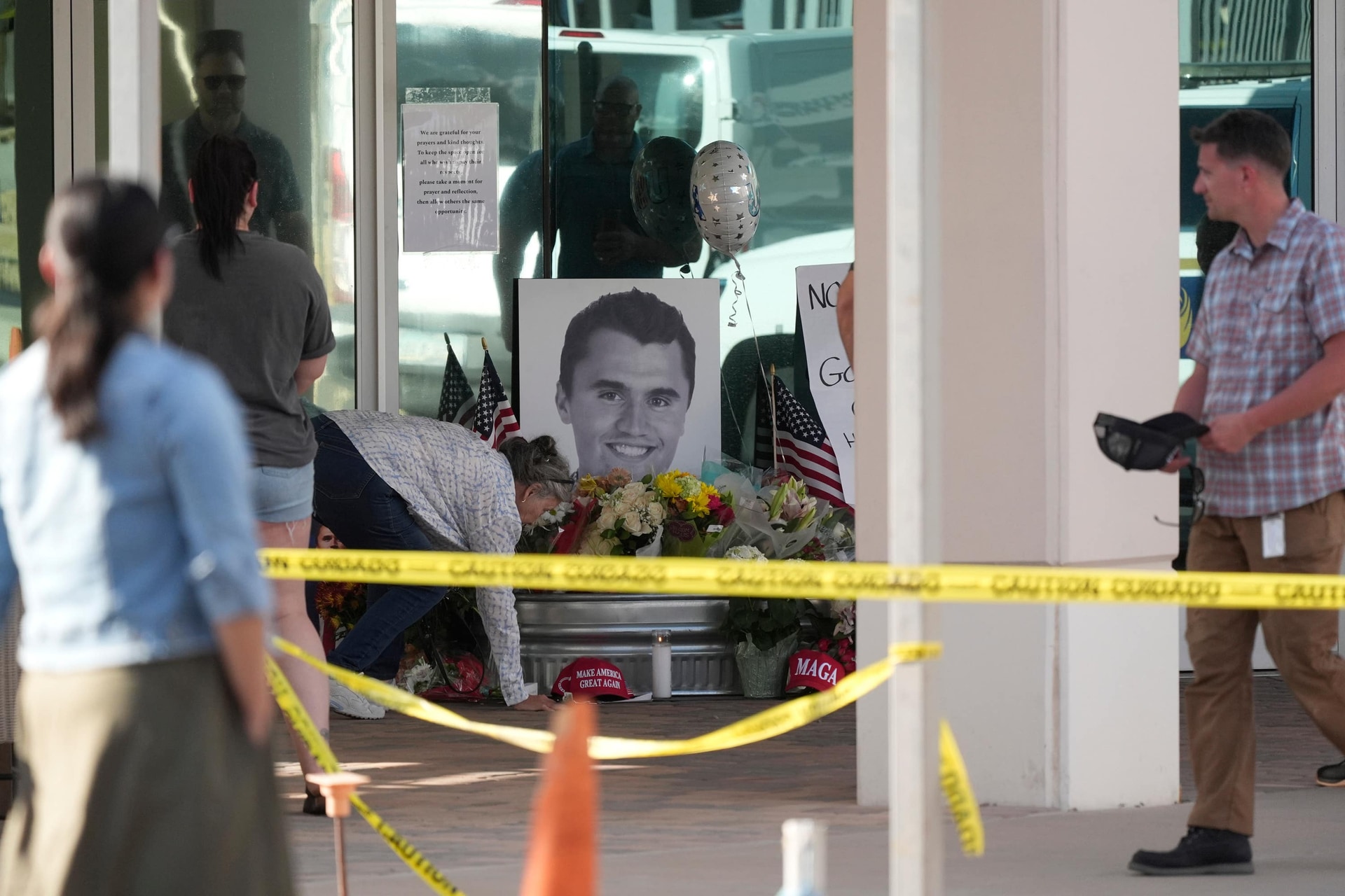 A makeshift memorial for Mr Kirk was set up at the national headquarters of Turning Point USA