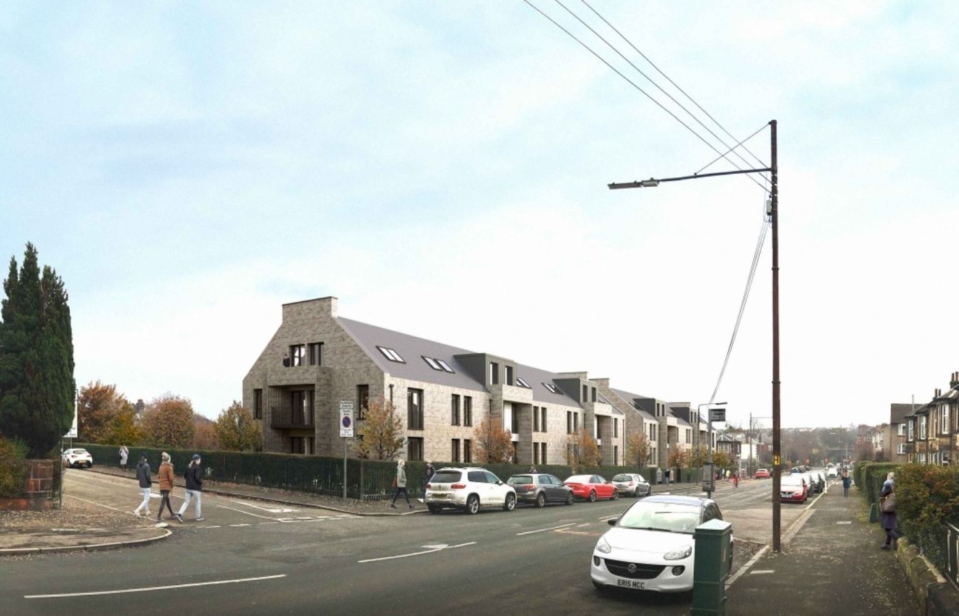 Flats are planned on the former Mount Florida bowling club site. The old clubhouse would also be refurbished and used as a community space. Image by JM Architects.