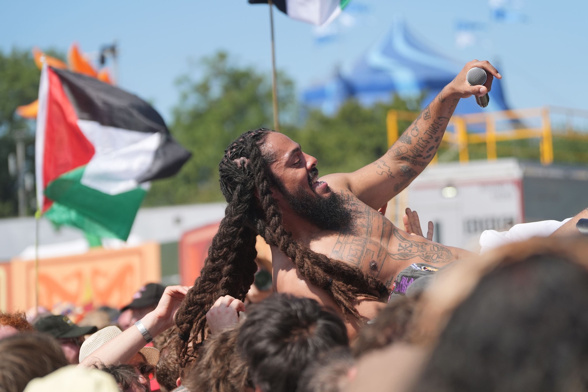 Bobby Vylan crowd surfs during his performance on the West Holts Stage (Yui Mok/PA)