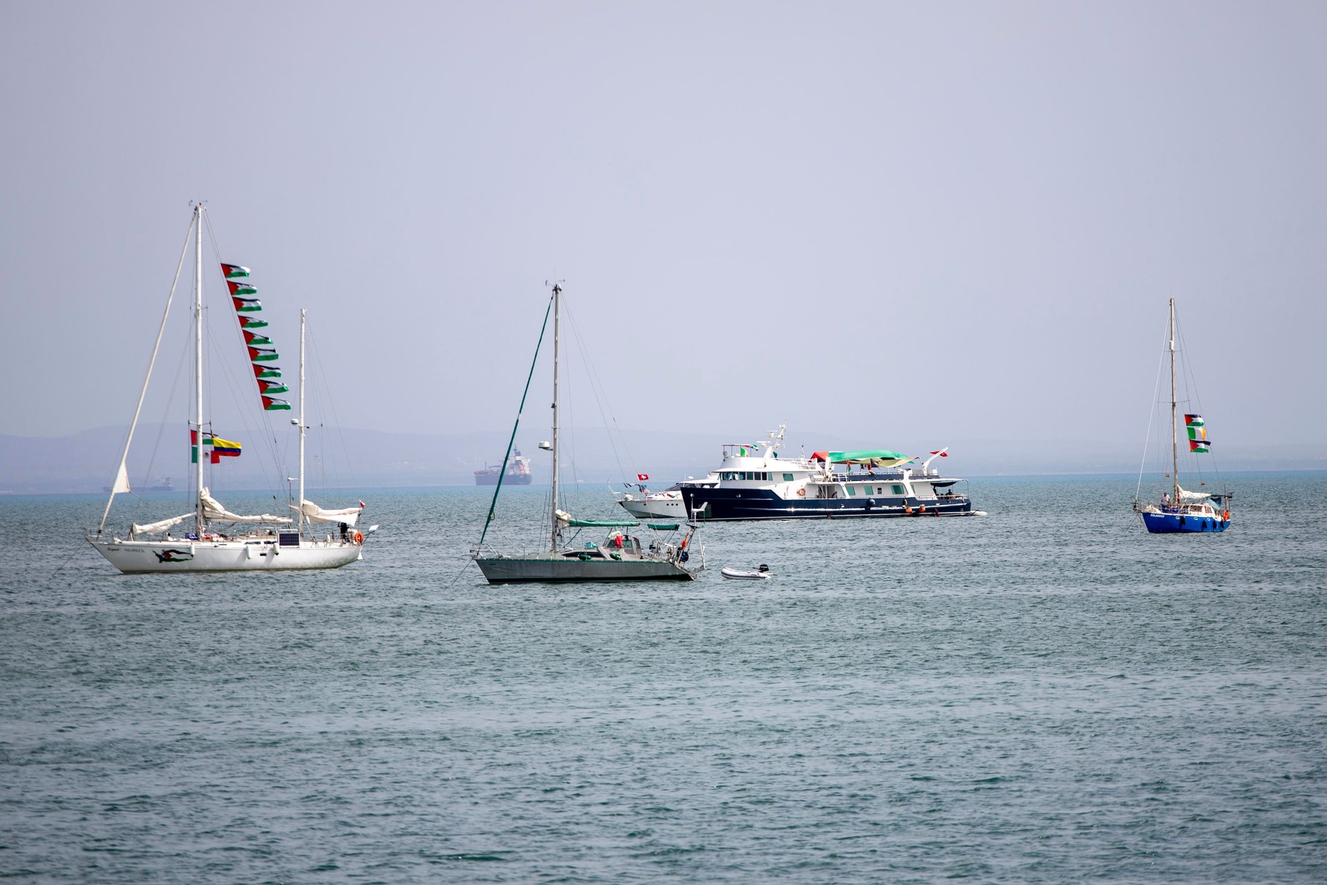 Ships that are part of the Global Sumud Flotilla heading to Gaza anchored off the coast of Sidi Bou Said in Tunis, Tunisia, in September.