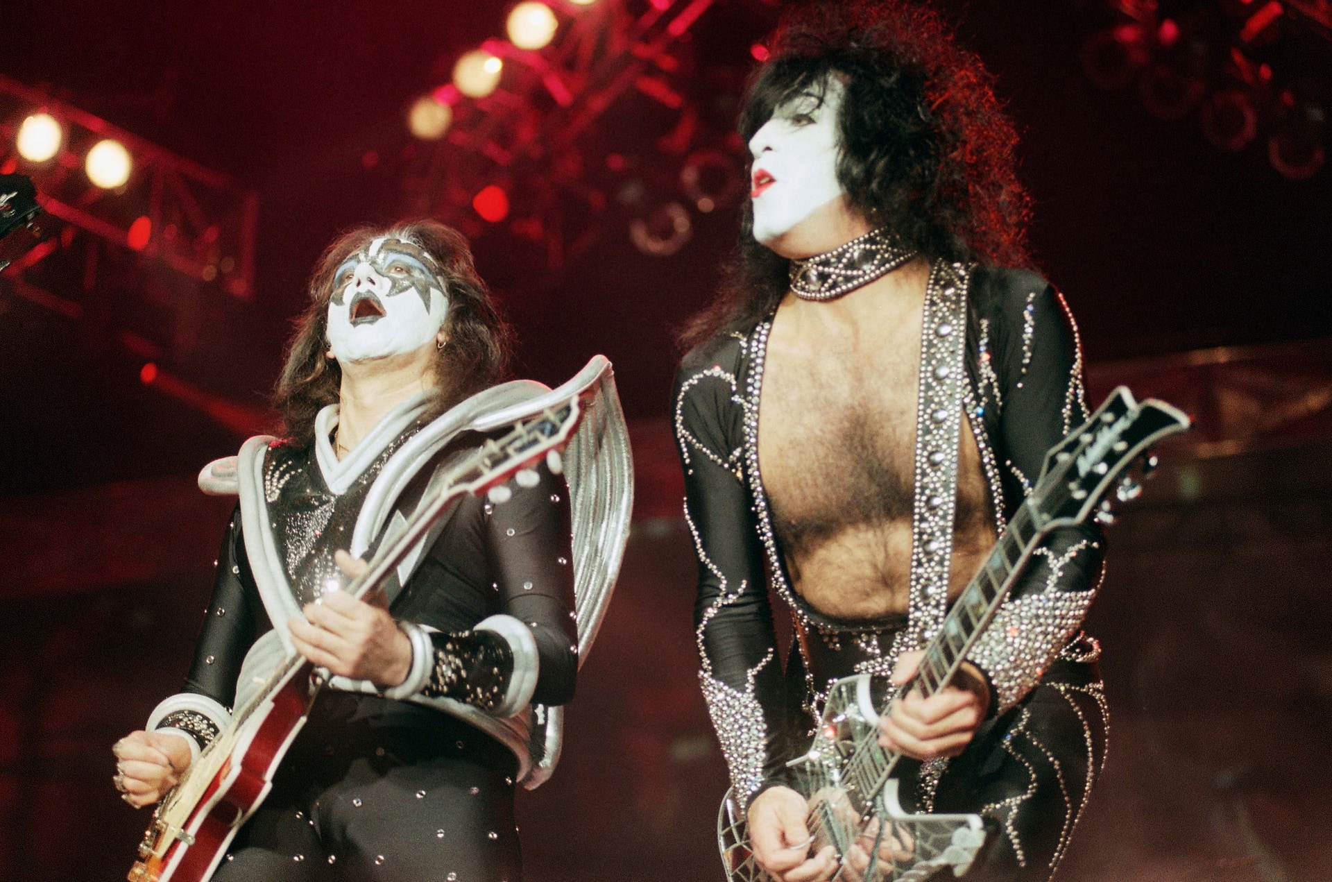 Paul Stanley, right, and Ace Frehley of the rock band Kiss performing in 1998 (Chris Pizzello/AP).