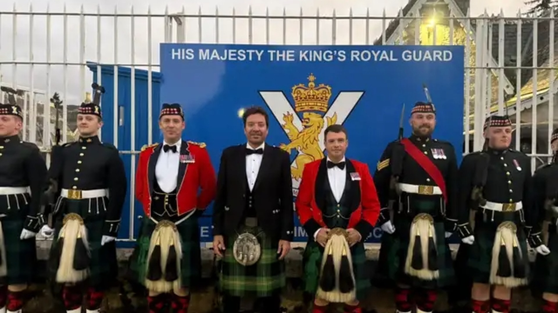 Jimmy Fallon with soldiers from 5Scots as he visited Victoria Barracks, Ballater
