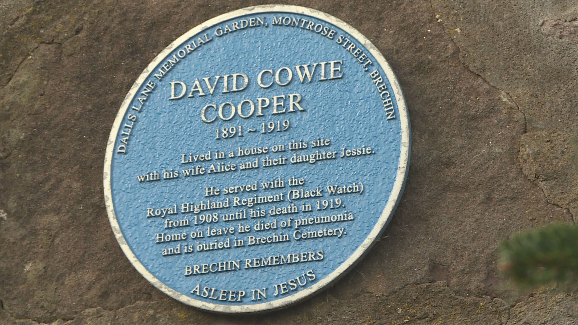 A plaque was erected to commemorate David Cowie Cooper, who died on his way home from World War I.