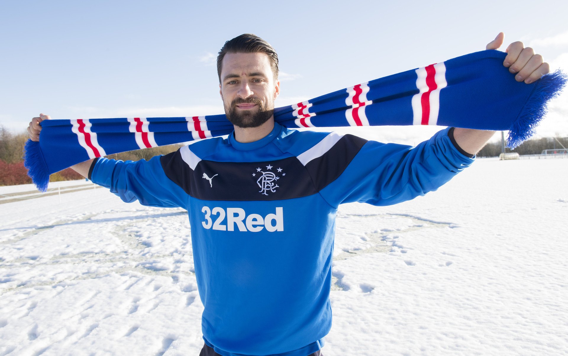 Rangers' new signing Russell Martin is unveiled to the press at a snow-covered Rangers Football Centre in 2018.