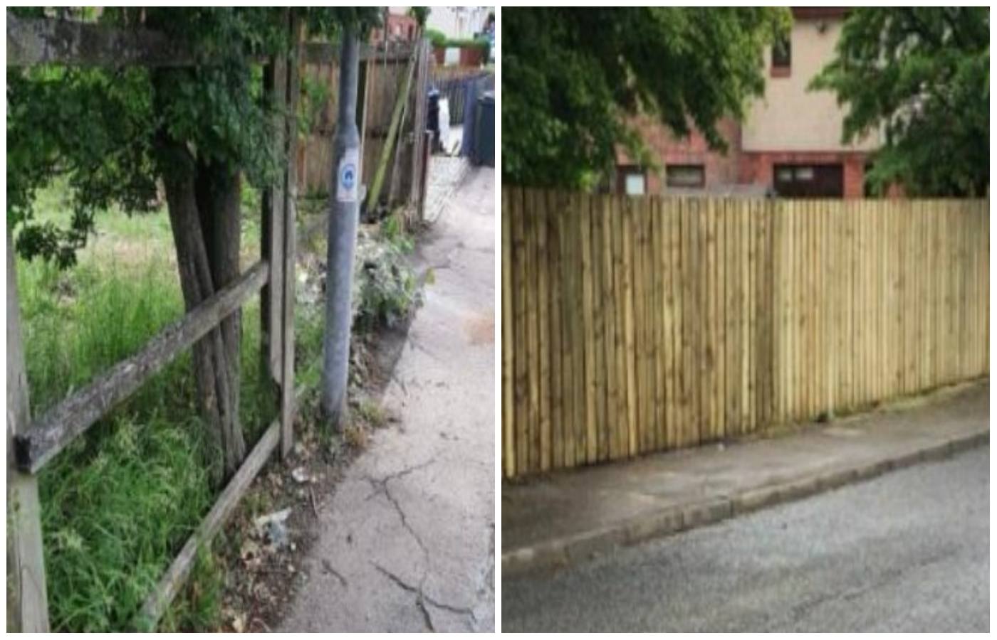 The Witchknowe Court fence before and after