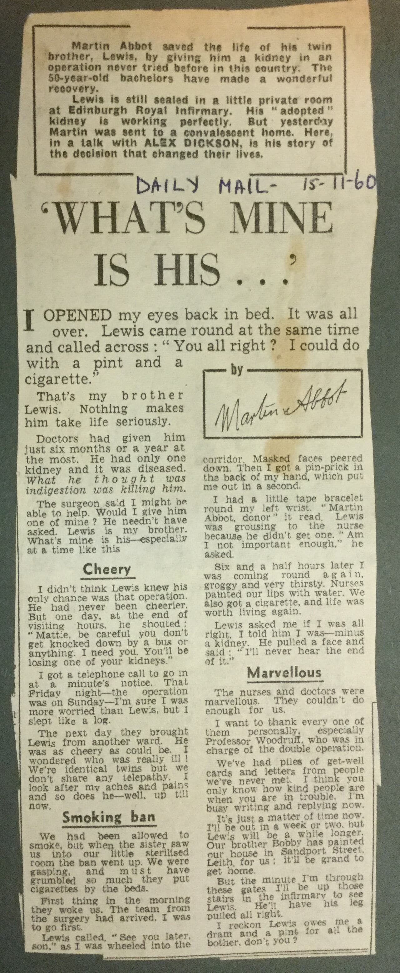 The UK’s first successful kidney transplant took place in Edinburgh 65 years ago (Daily Mail/PA).
