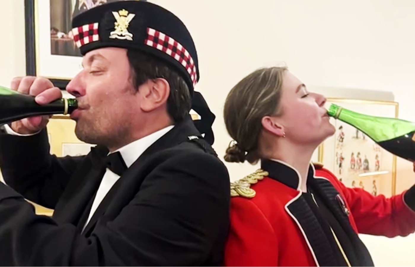 Jimmy Fallon drinks Buckfast with King's royal guards after being caught 'littering'.