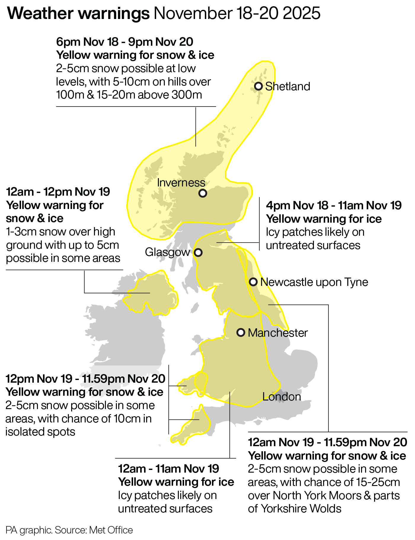 Weather warnings November 18-20 2025. See story WEATHER Cold. Infographic PA Graphics. An editable version of this graphic is available if required. Please contact graphics@pamediagroup.com.
