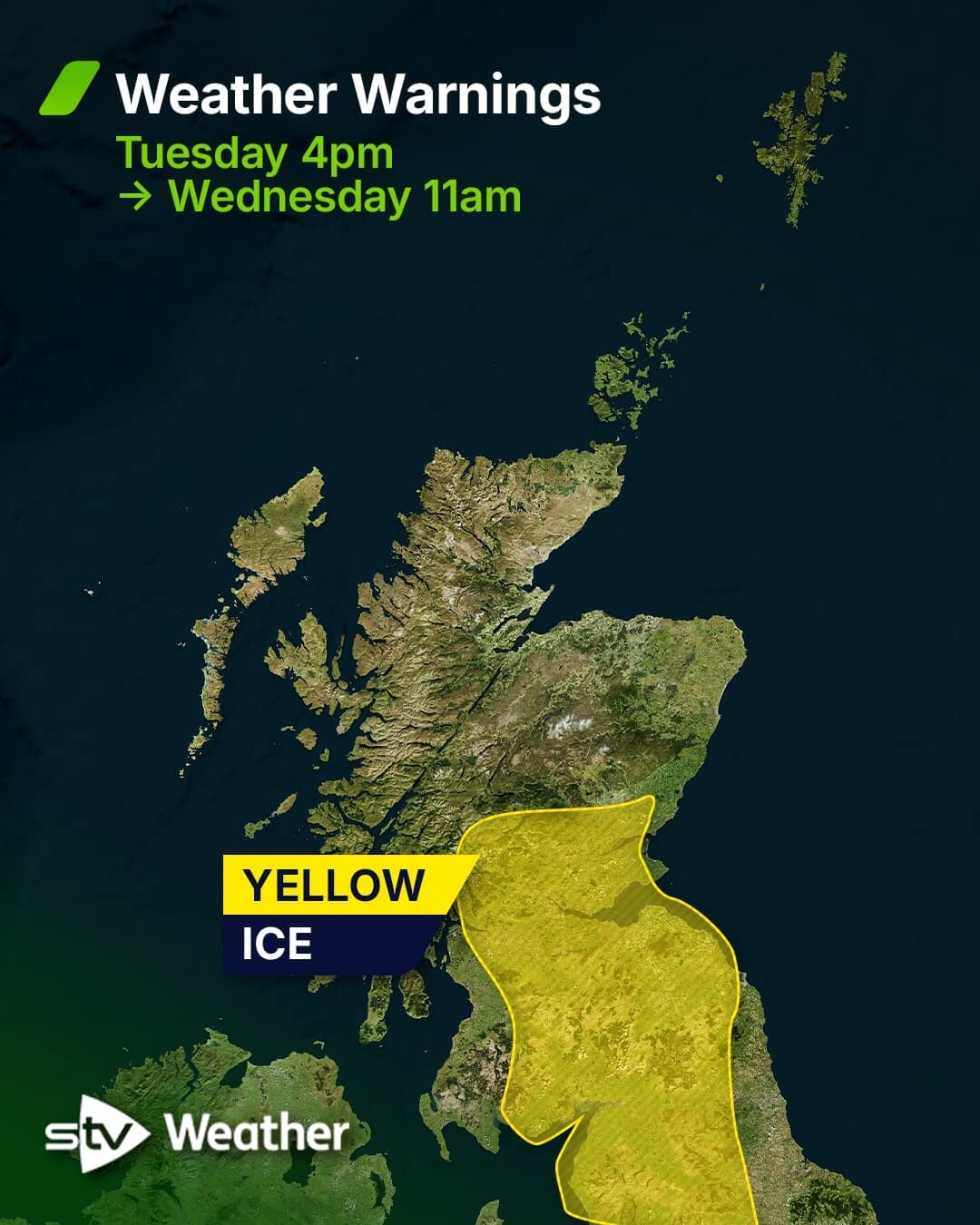 Yellow warning for ice for much of the west and east until Wednesday.