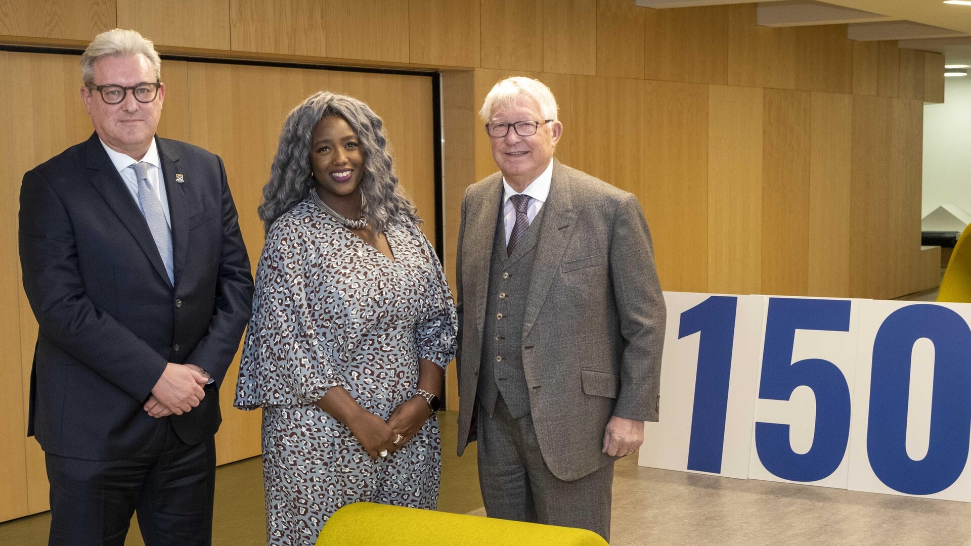 Dr Murray Rowden, GCU chancellor Dr Anne-Marie Imafidon MBE and Sir Alex Ferguson.