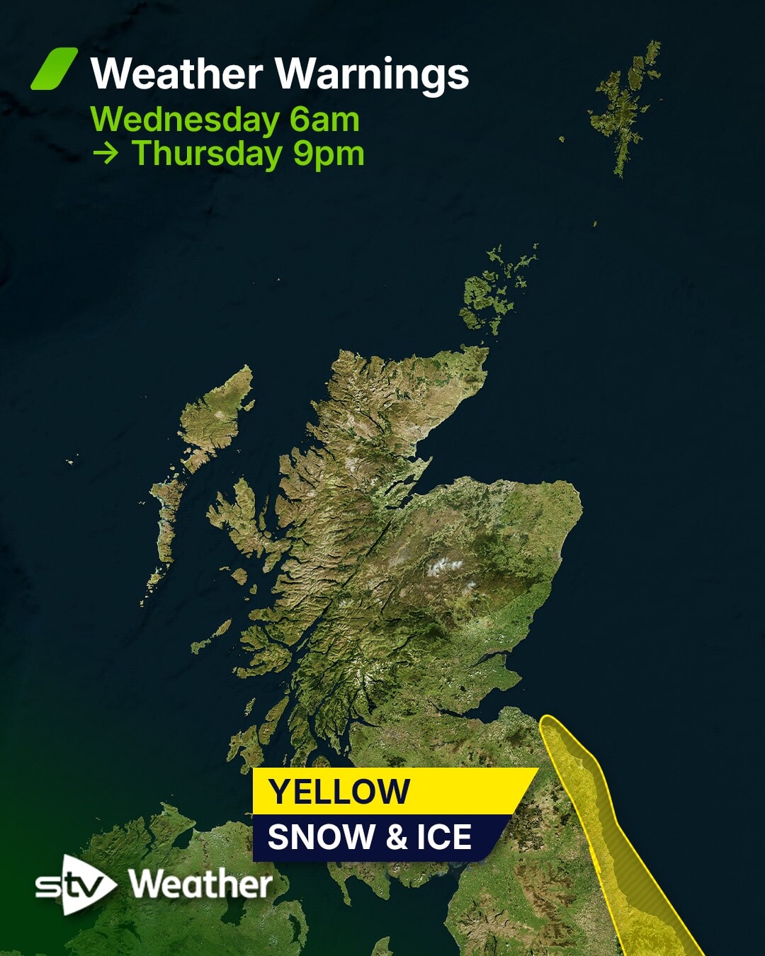 A yellow warning for snow and ice on Scotland's southeast coast comes into force at 6am on Wednesday and lasts until 9pm on Thursday.