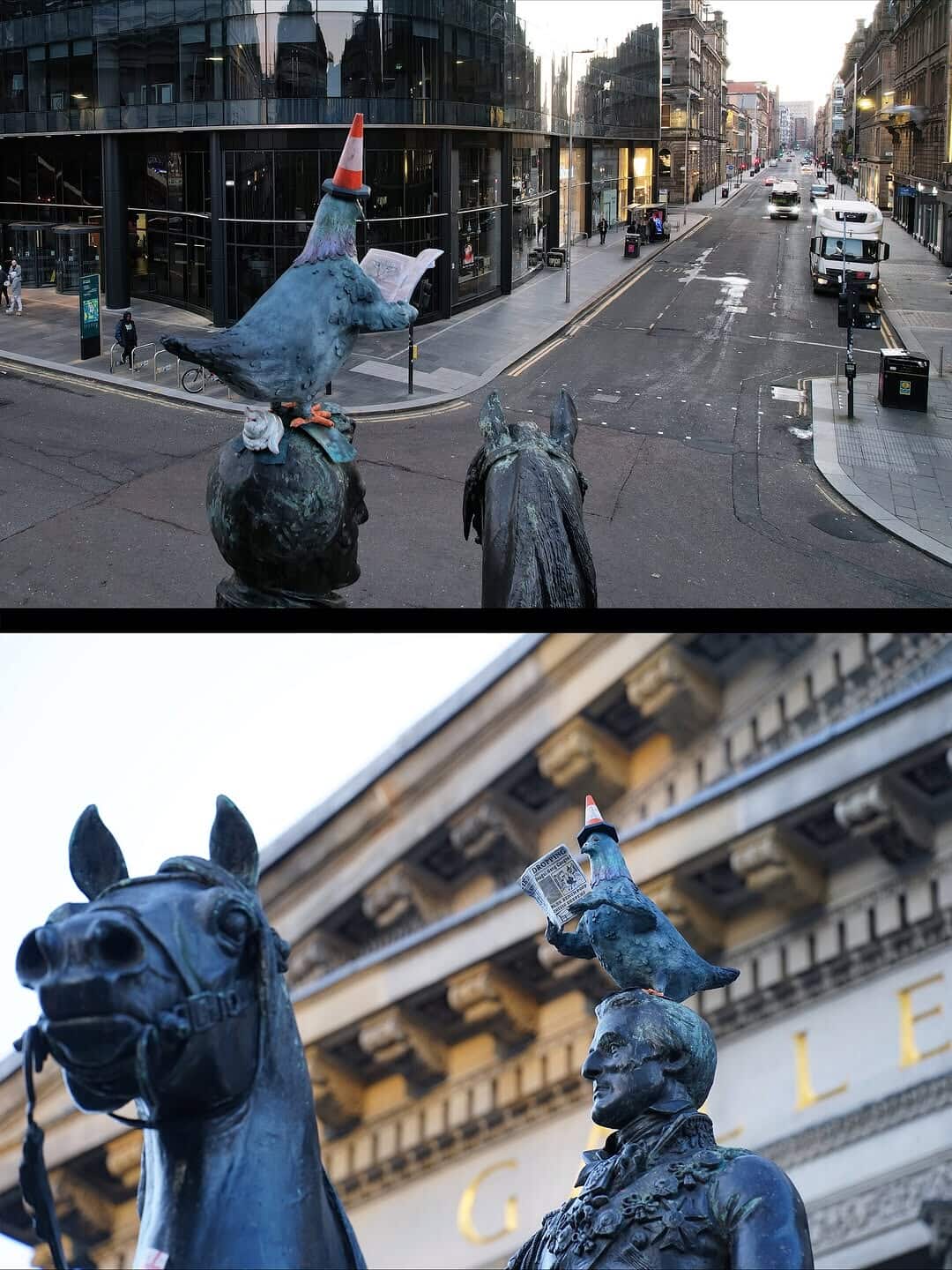 A new installation has appeared on the Duke of Wellington statue in Glasgow