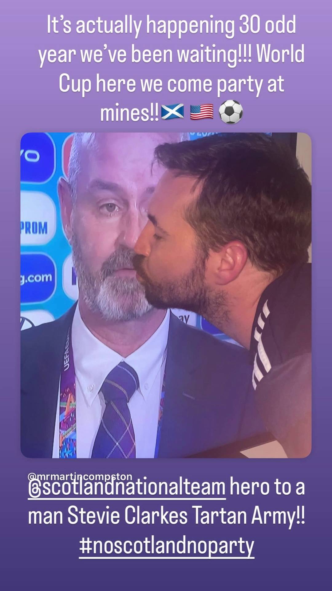 Line of Duty actor Martin Compston, who lives in Los Angeles, reposted a picture of him kissing his TV while Scotland manager Steve Clarke was on the screen.