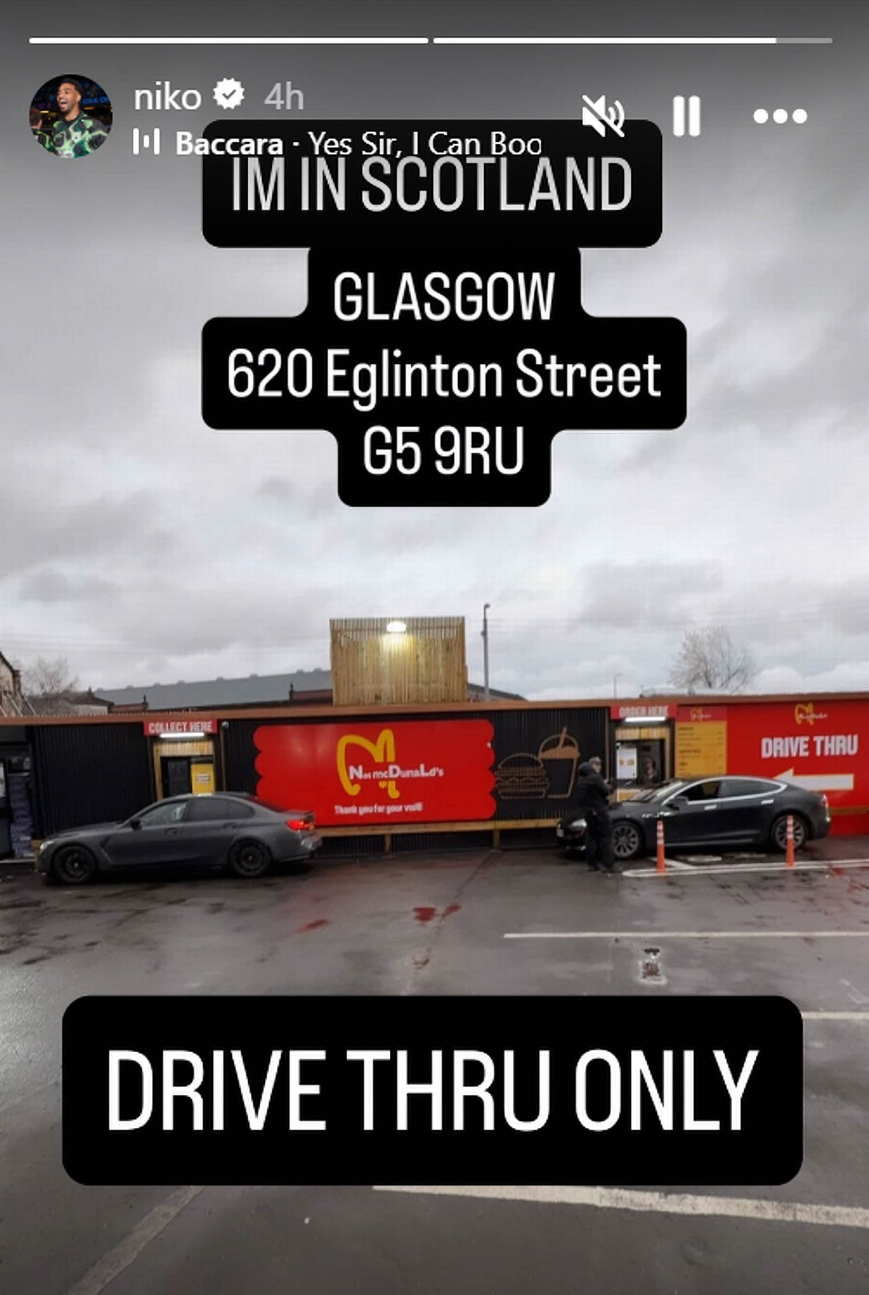 notMcDunaLd's: Niko Omilana's rival drive-thru opposite a McDonald's in Glasgow.