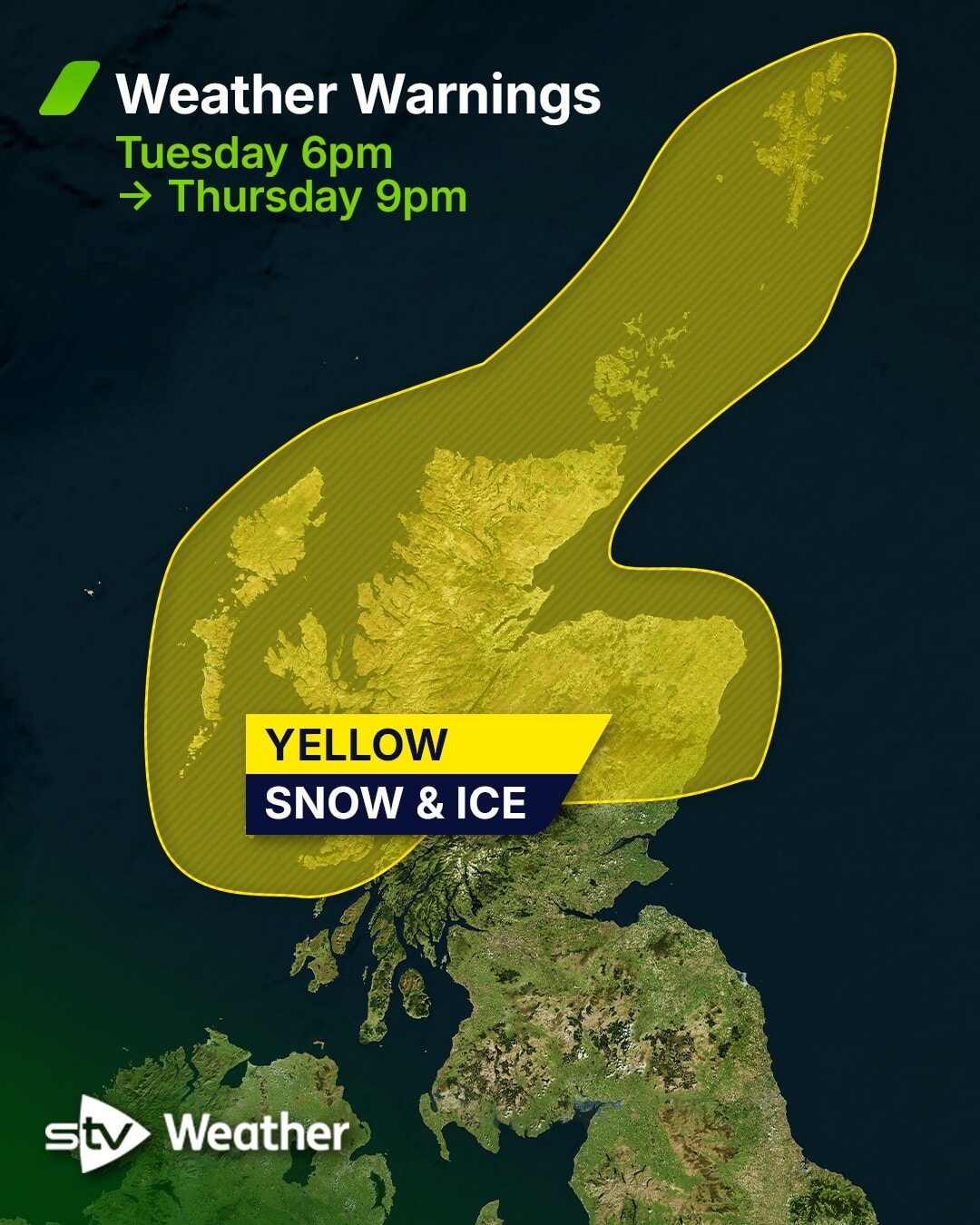 A snow and ice warning covering most of the mainland, the Hebrides, Orkney and Shetland comes into force at 6pm on Tuesday and is in effect until 9pm on Thursday.