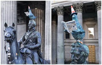 Duke of Wellington in Glasgow sees traffic cone replaced with statue of a pigeon reading a newspaper