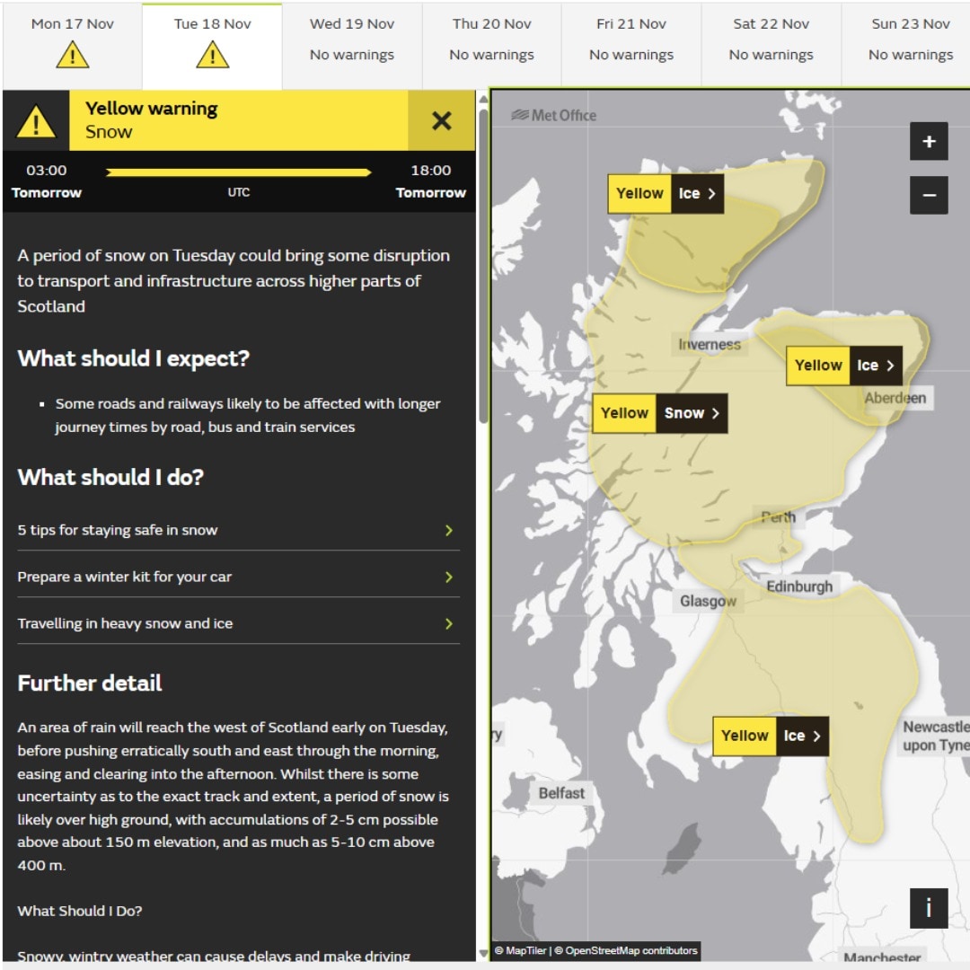 Yellow weather warnings will take effect across Scotland on Tuesday.
