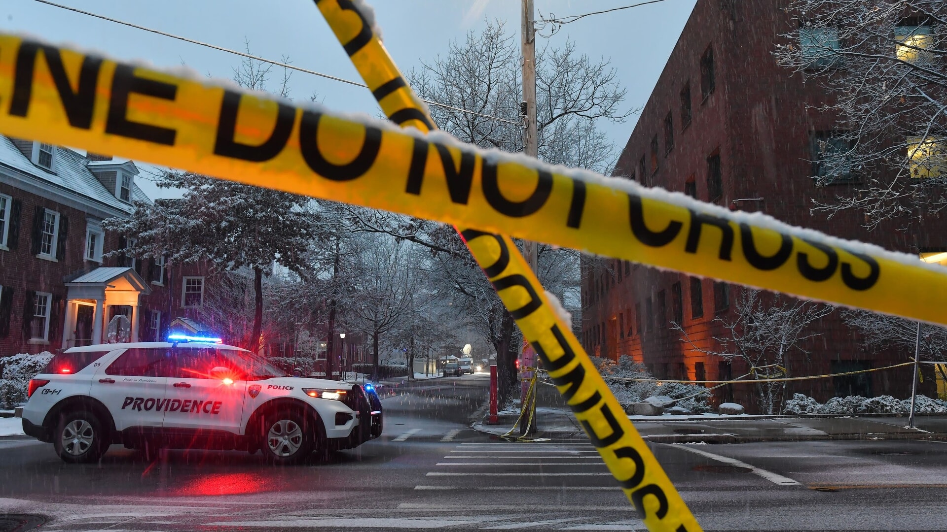 A police vehicle at a crossroads near Brown University.