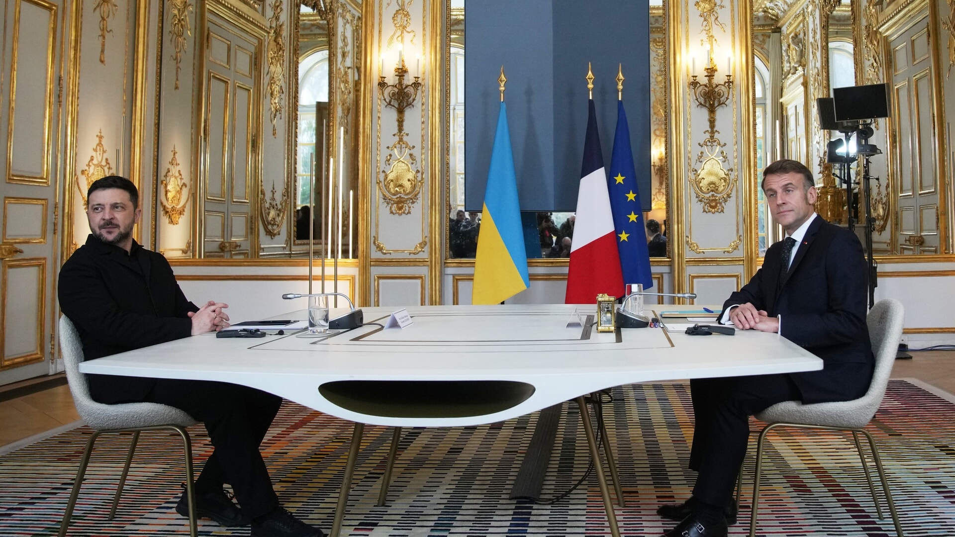 Volodymyr Zelensky and Emmanuel Macron at the Elysee Palace in Paris.