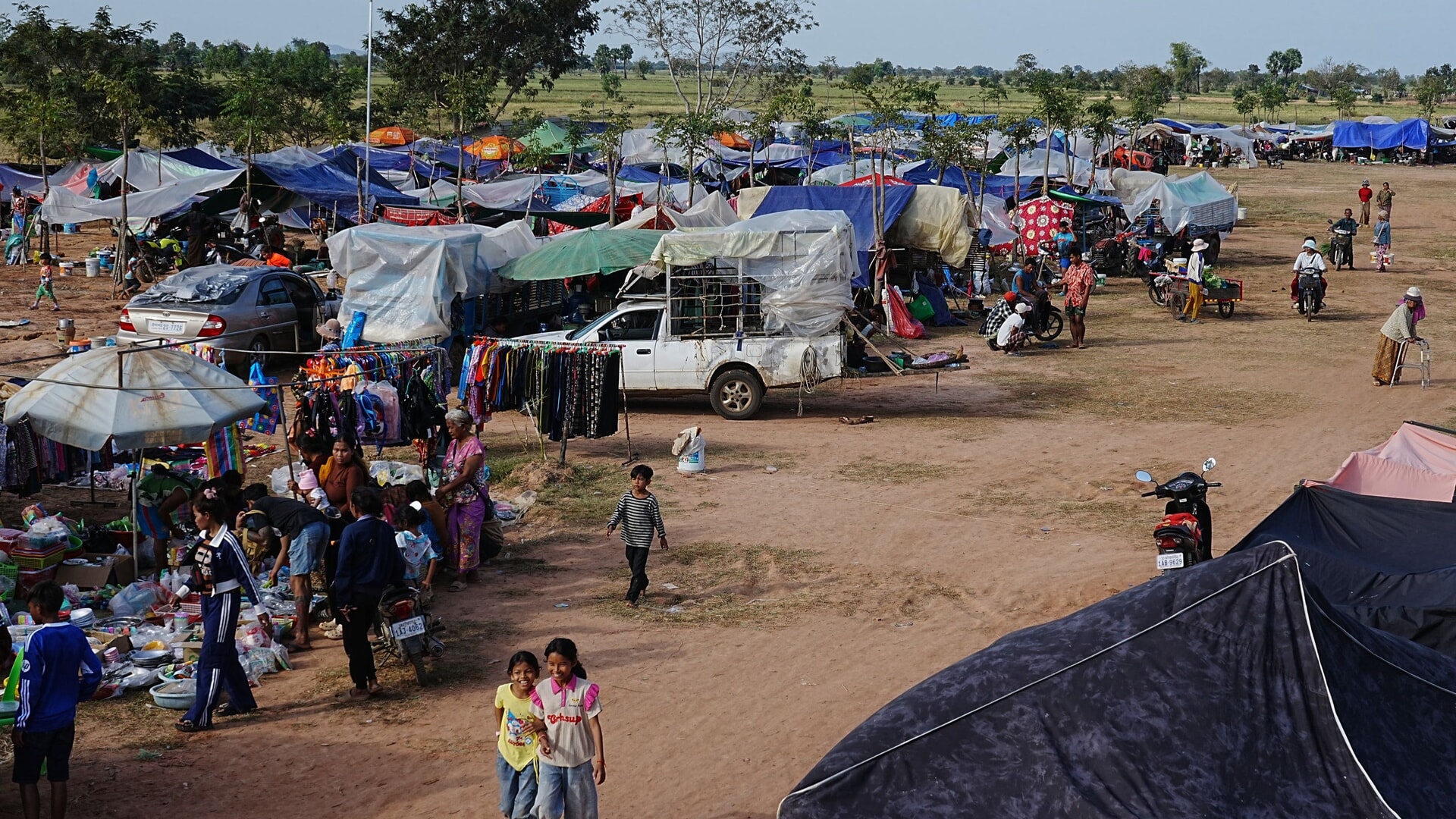 People take refuge in Wat Prasat Srahkandal, Banteay Menchey province, Cambodia after fleeing their homes.