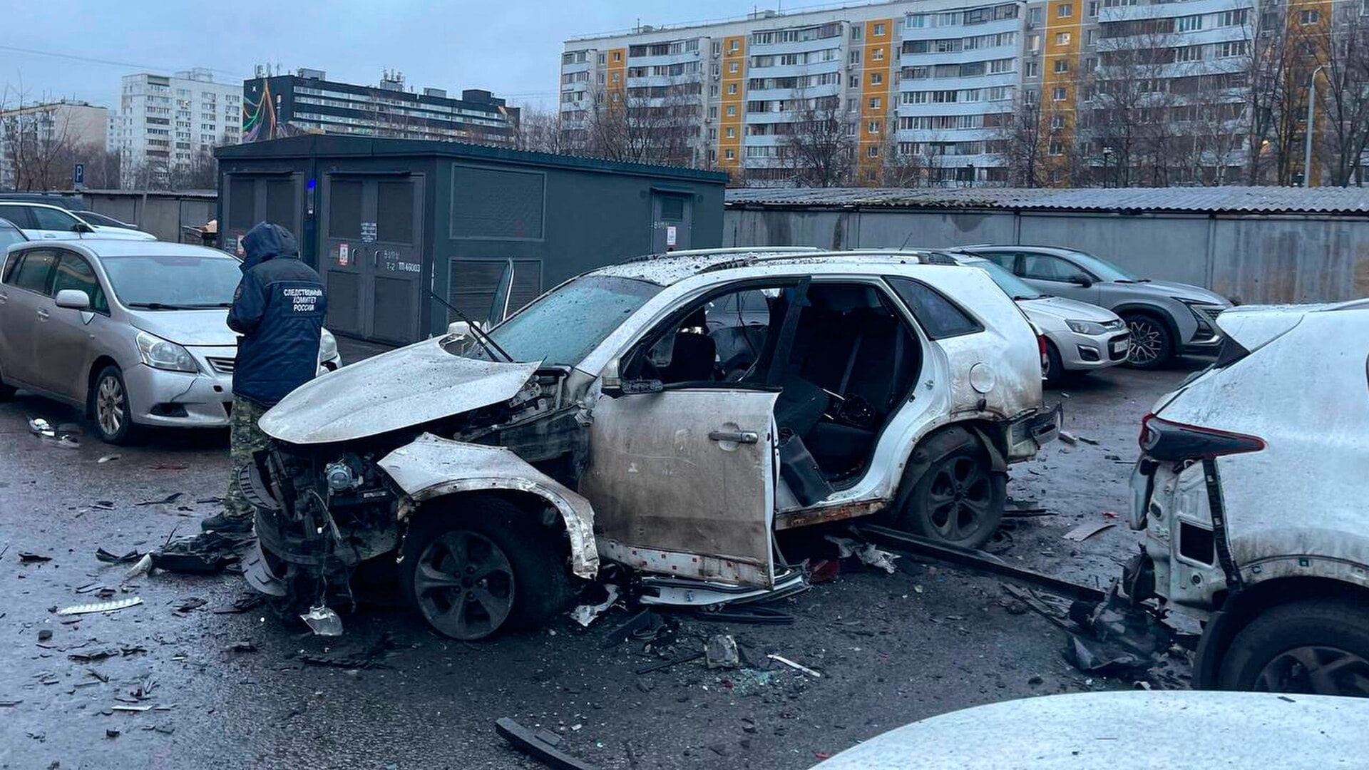 The scene where Lt. Gen. Fanil Sarvarov, head of the Operational Training Directorate of the Russian Armed Forces General Staff, was killed by an explosive device placed under his car.