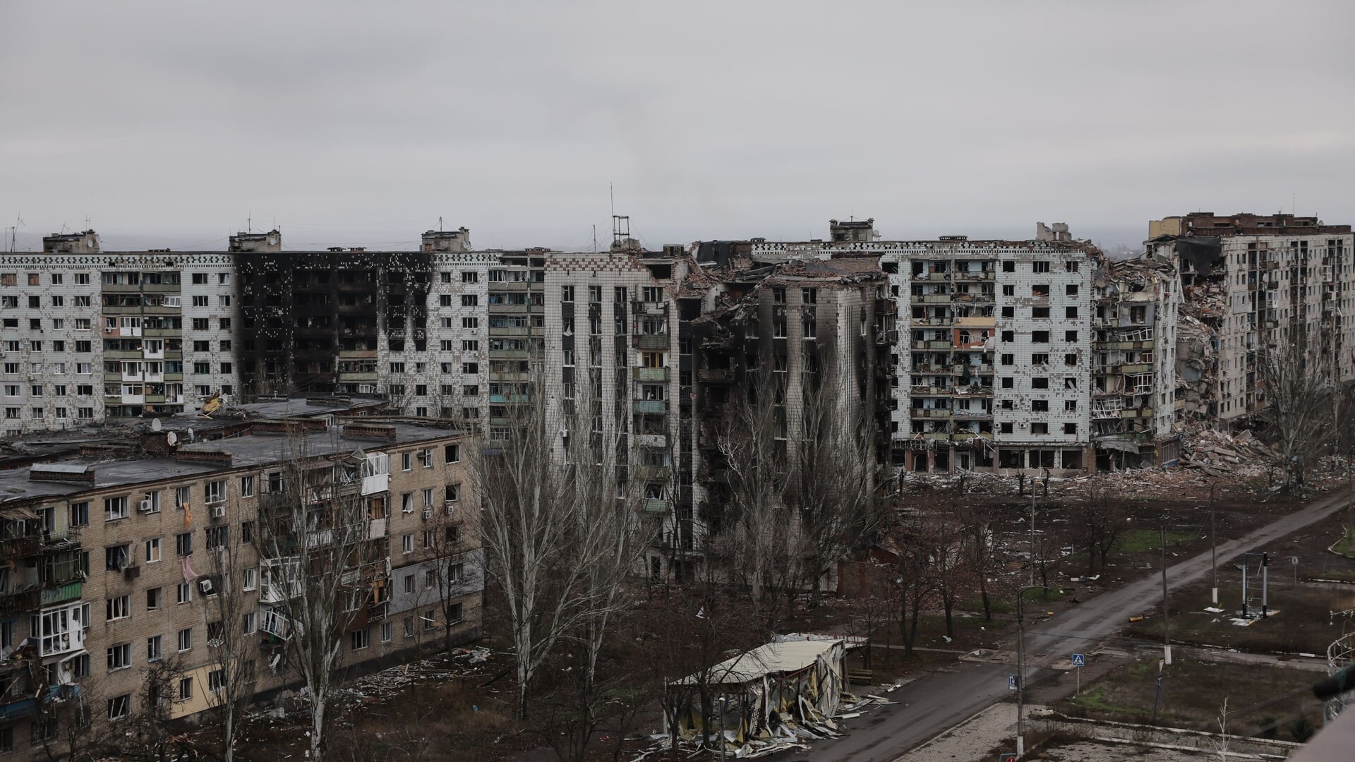 Ruins of buildings in the town of Kostyantynivka in the Donetsk region, Ukraine.