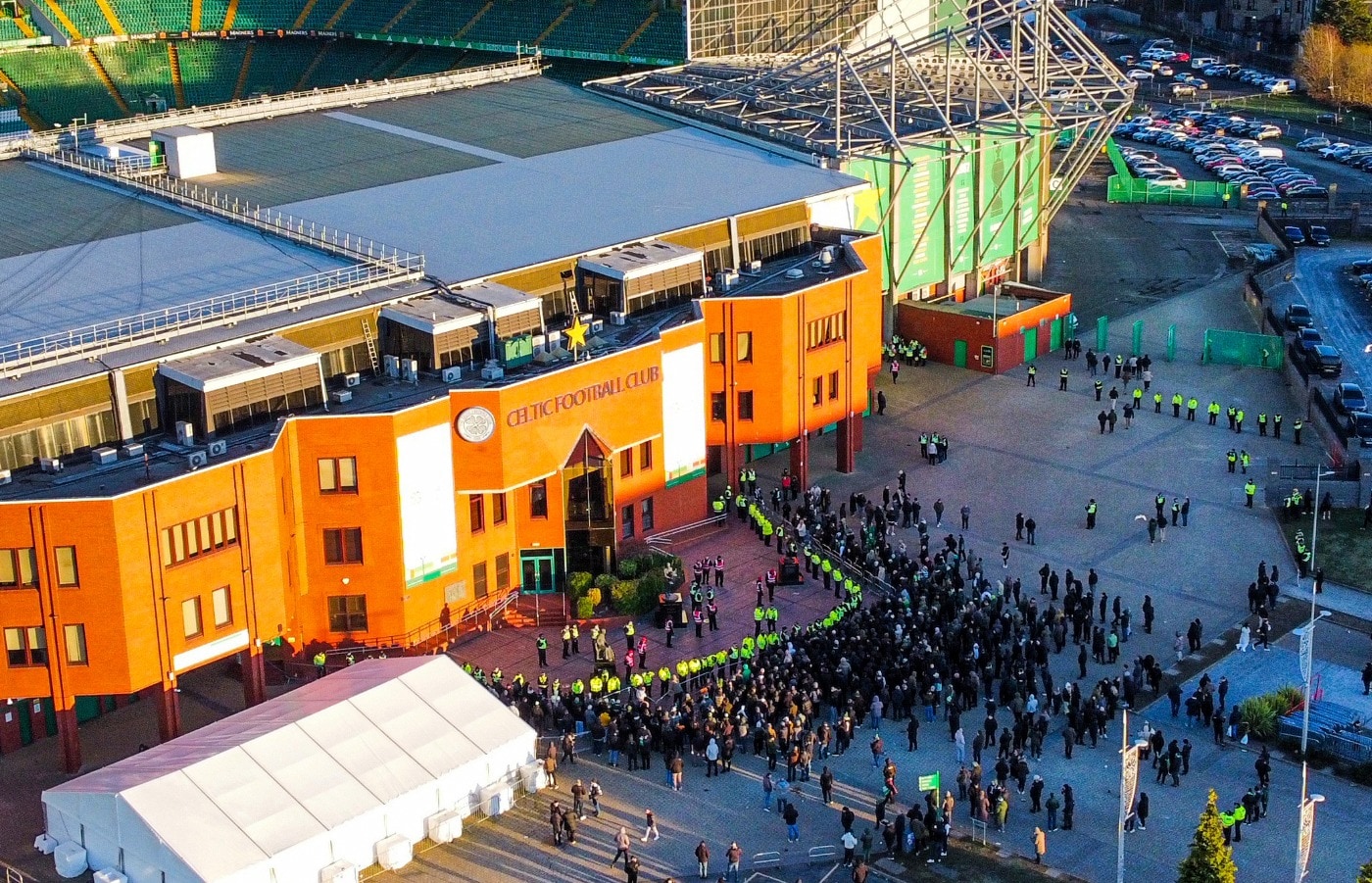 Celtic fans protested outside Parkhead following Saturday's defeat to Rangers.