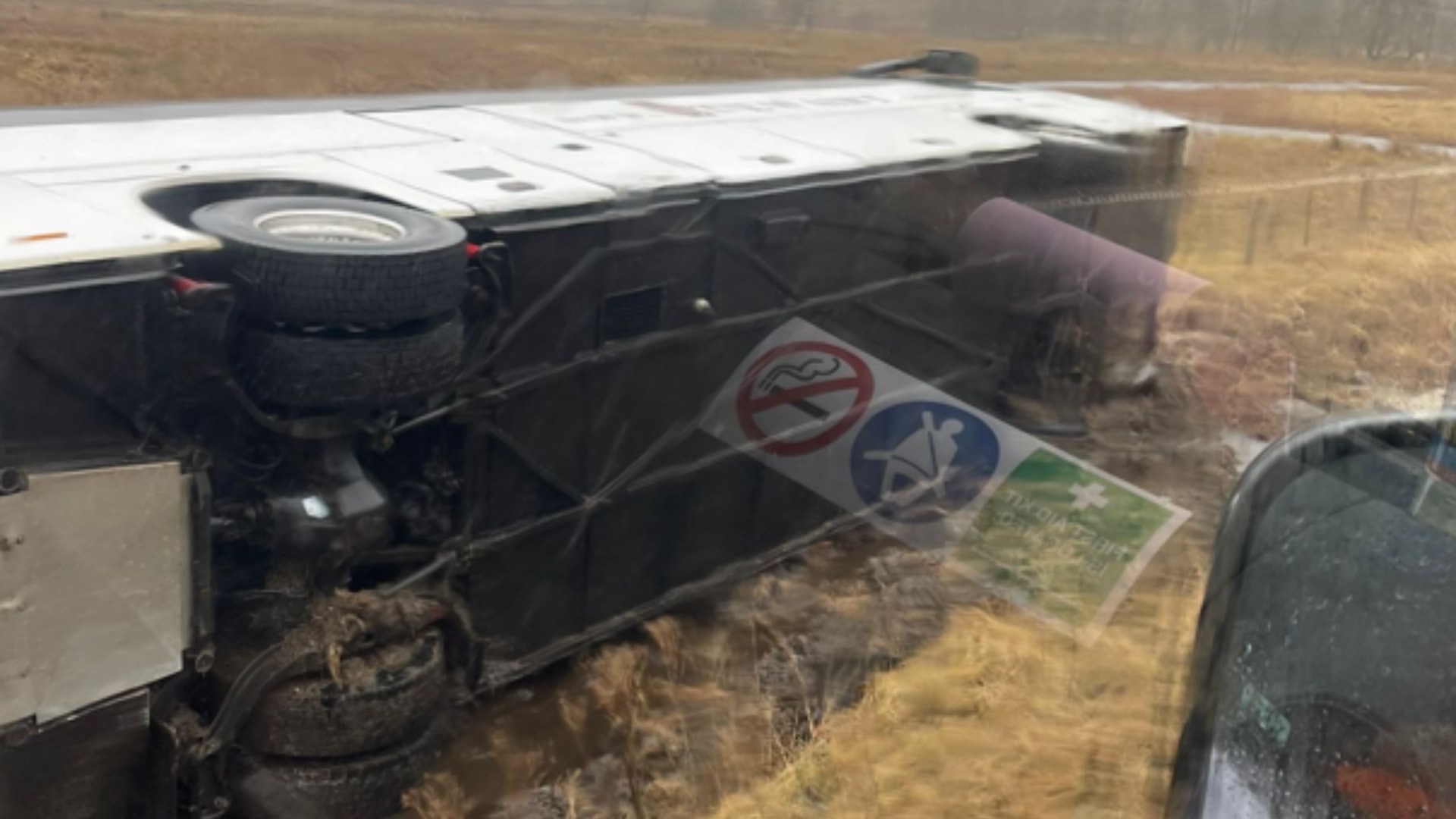 Images of an HGV and coach that overturned in high winds this morning on the A82.