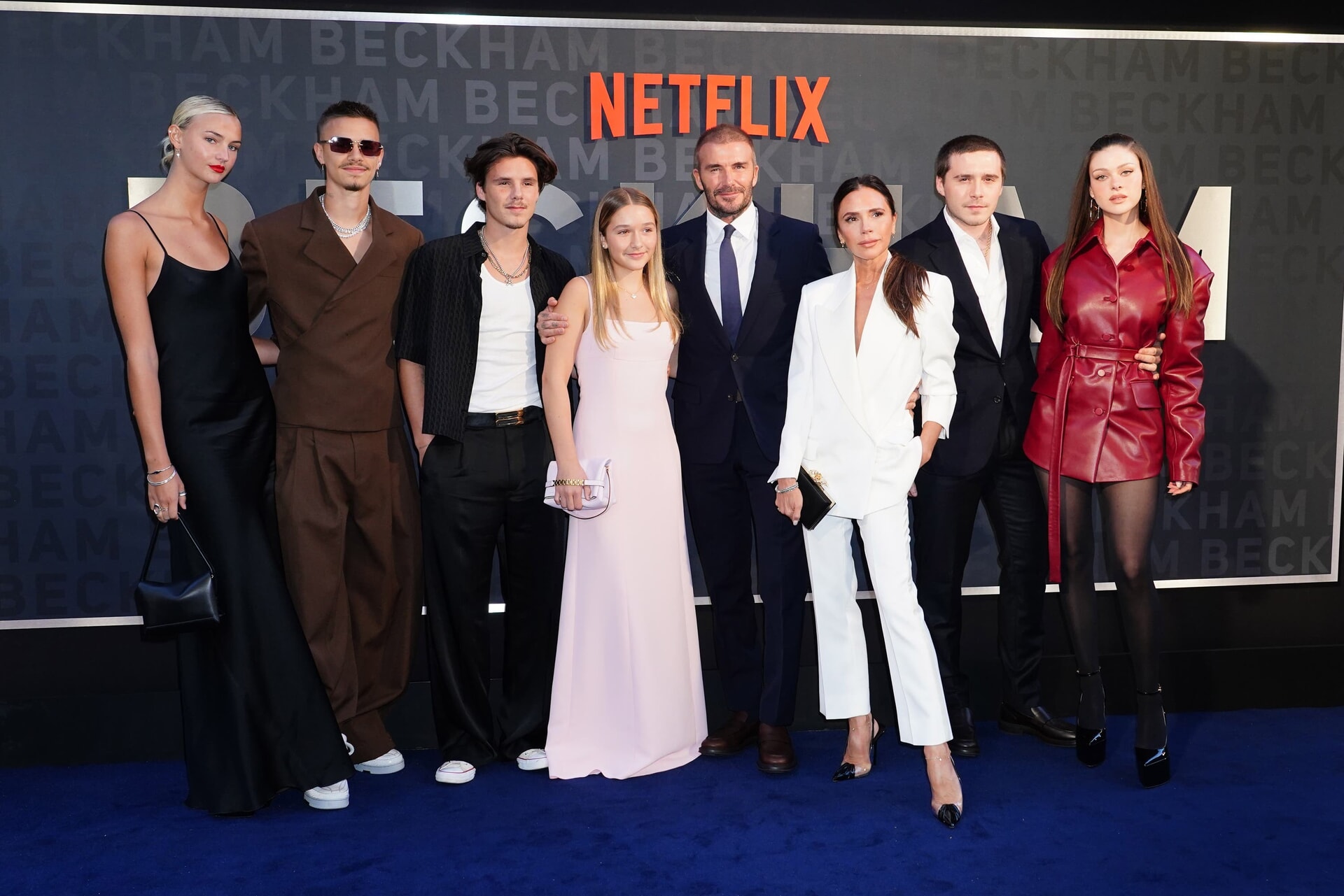 (l to r) Mia Regan, Romeo Beckham, Cruz Beckham, Harper Beckham, David Beckham, Victoria Beckham, Brooklyn Beckham and Nicola Peltz arrive for the premiere of Netflix’s documentary series Beckham at the Curzon Mayfair in London.