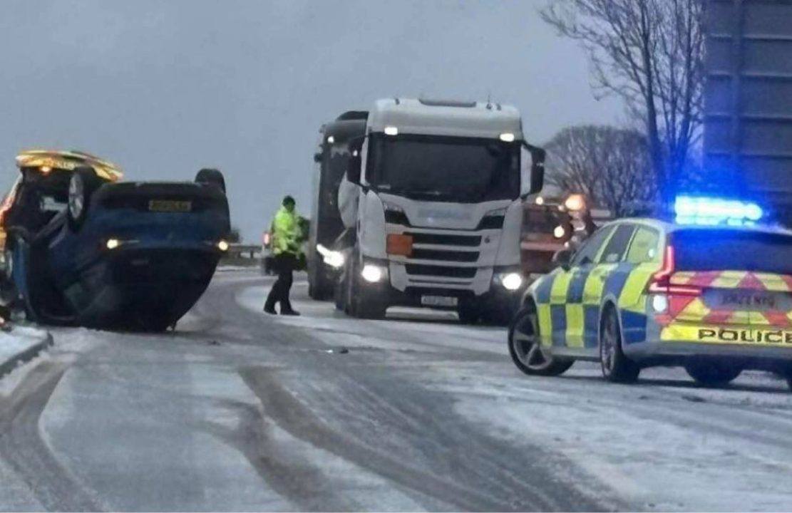 Car flips onto roof on A96 near Huntly amid snowy conditions and weather warnings