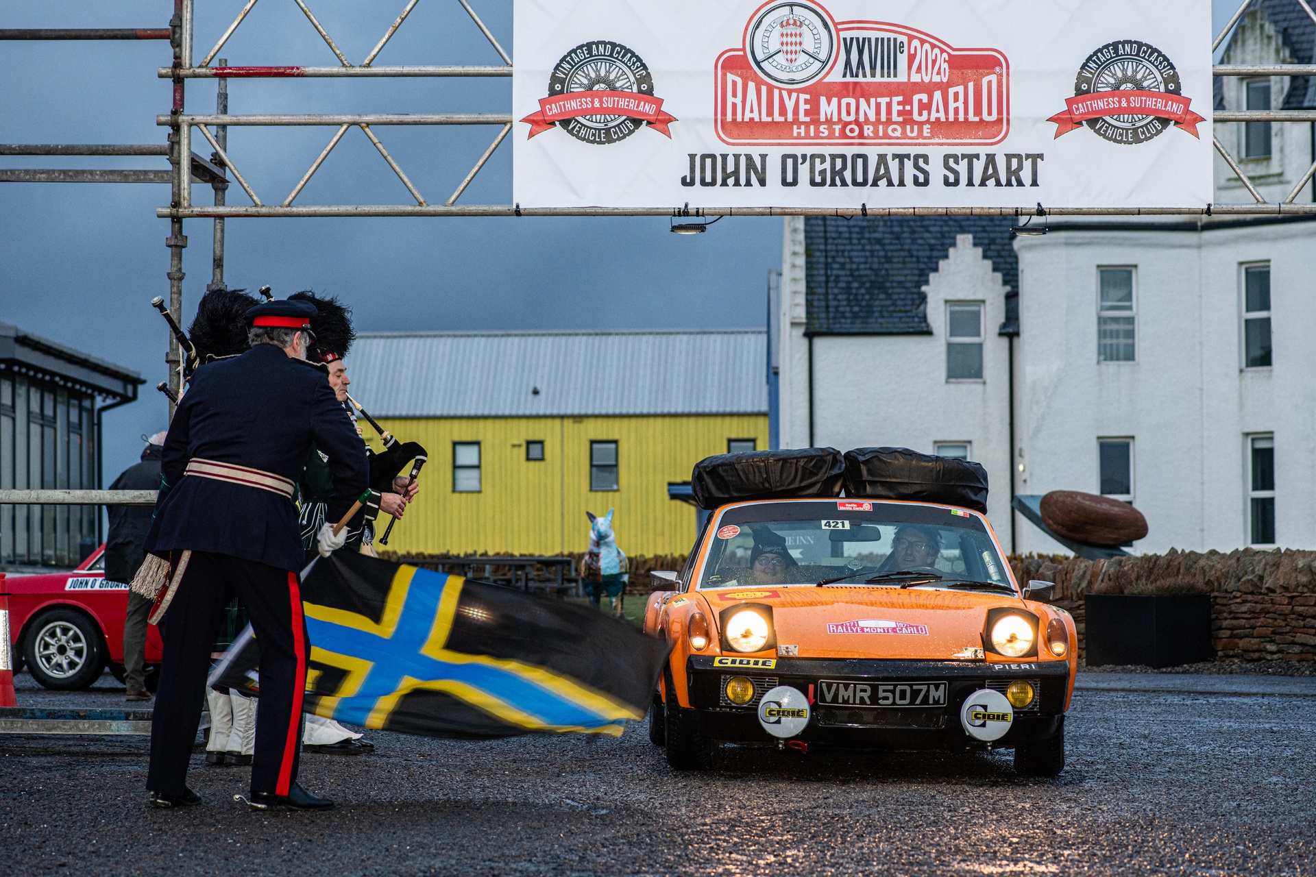 Cars were played off by bagpipes as they departed.