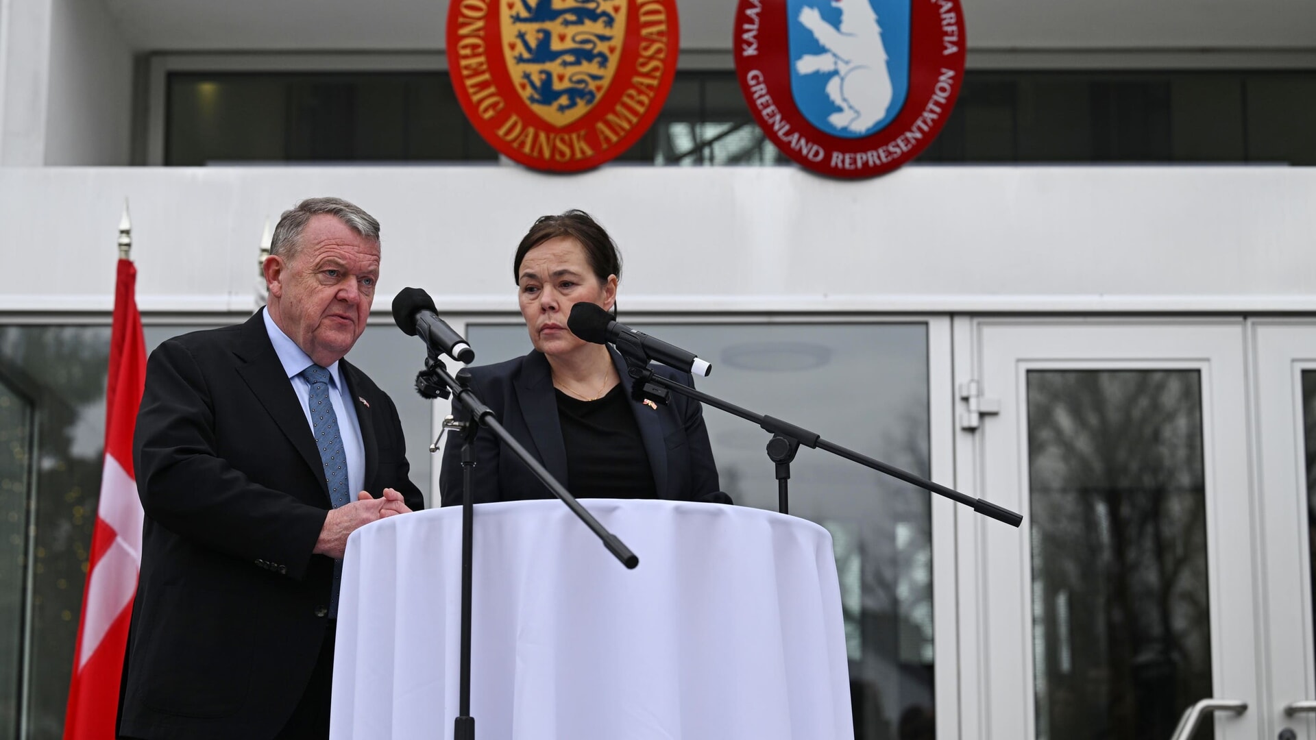 Denmark’s foreign minister Lars Lokke Rasmussen and Greenland’s foreign minister Vivian Motzfeldt speak at a news conference in Washington.